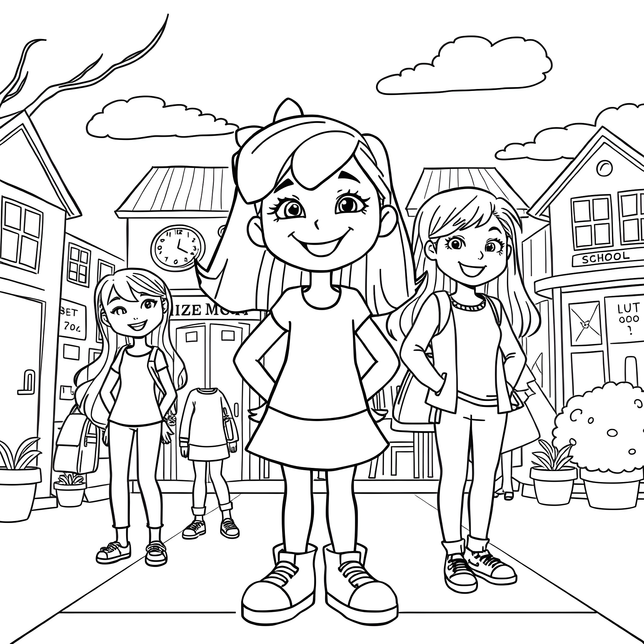 Lizzie Maguire and friends in town Coloring Page (free black-and-white line drawing printable PDF for all, from beginners to advanced learners, including children, teens, adults, and seniors)