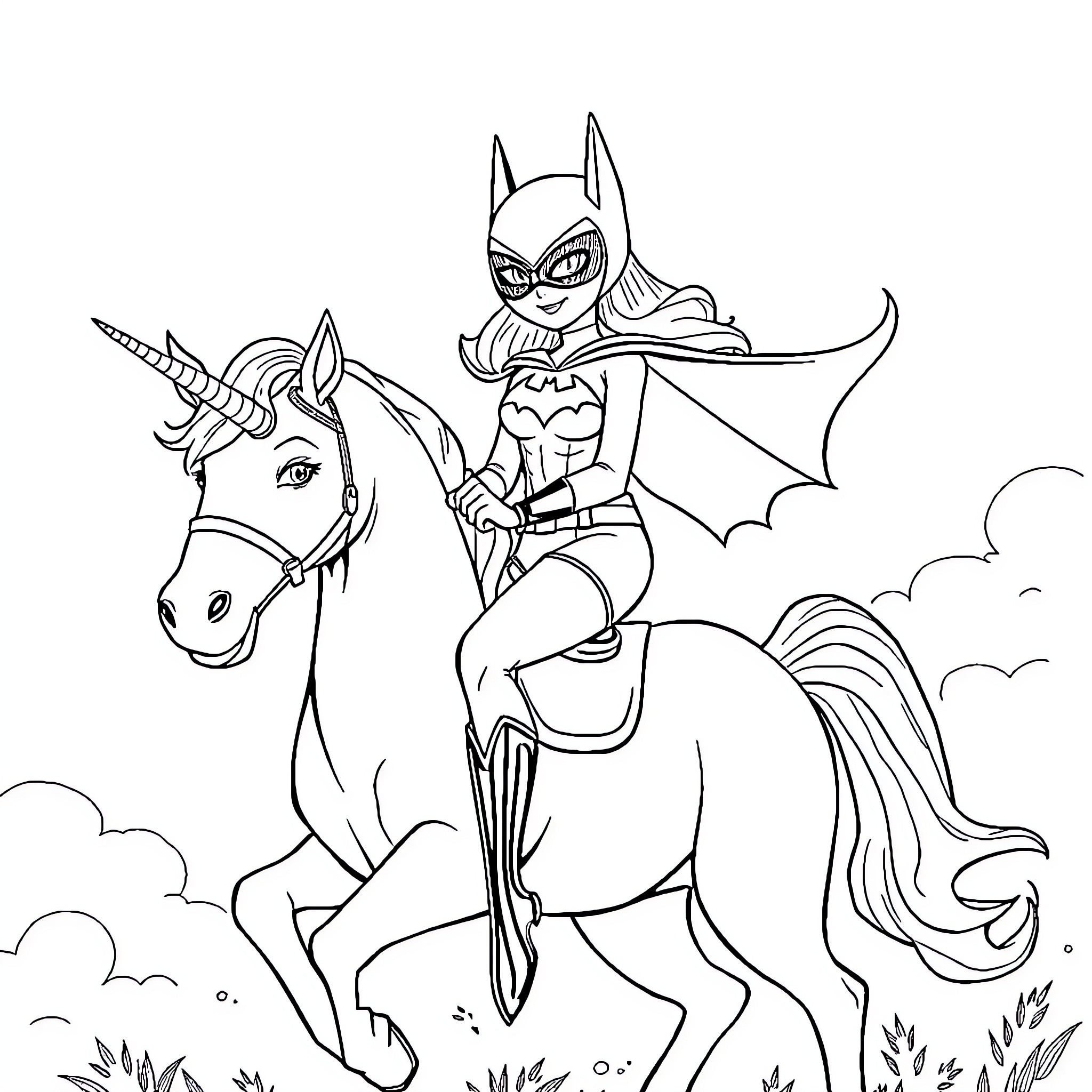 Batgirl riding a unicorn through the clouds Coloring Page (free black-and-white line drawing printable PDF for all, from beginners to advanced learners, including children, teens, adults, and seniors)