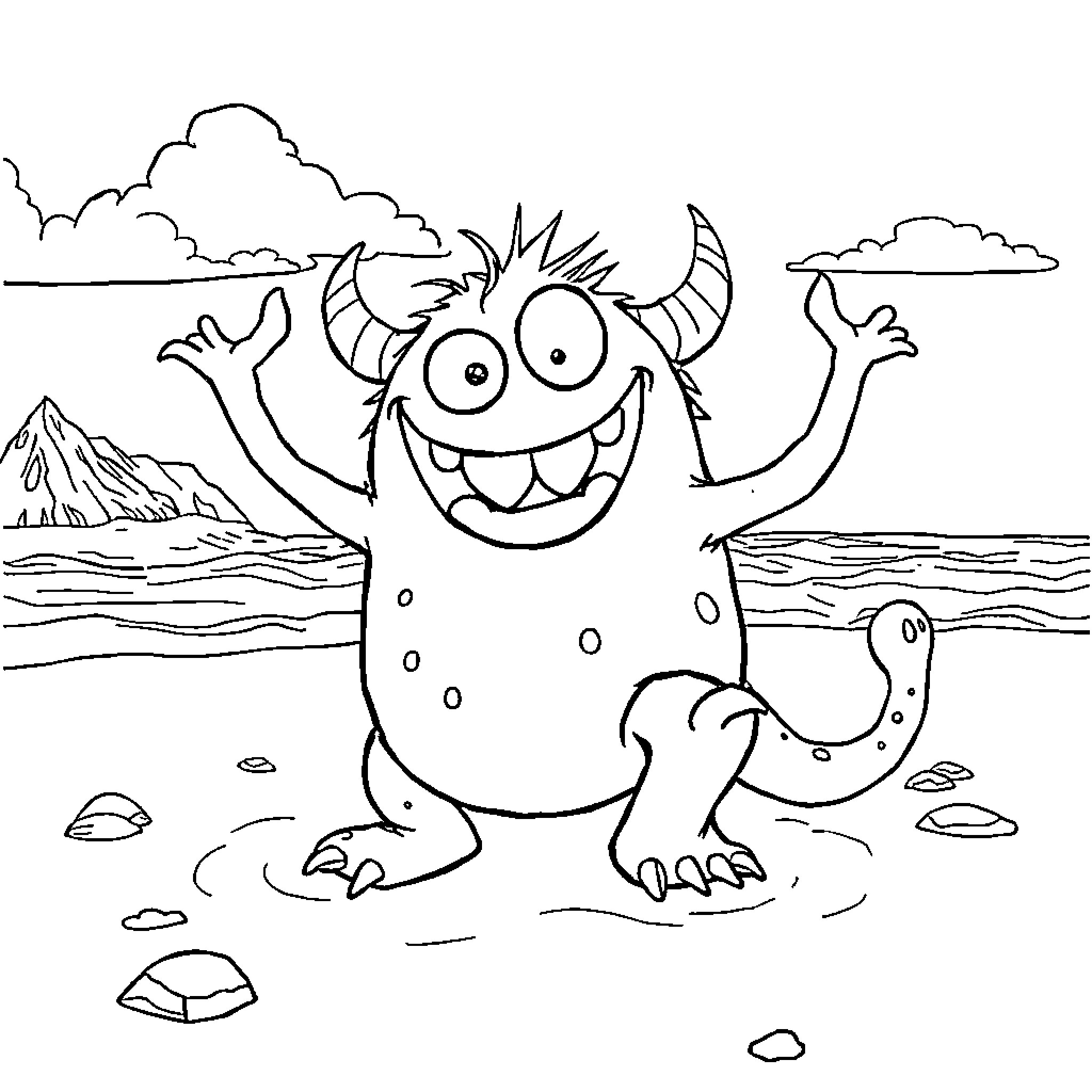 Monster Happily Frolicking on the Shoreline Coloring Page (free black-and-white line drawing printable PDF for all, from beginners to advanced learners, including children, teens, adults, and seniors)
