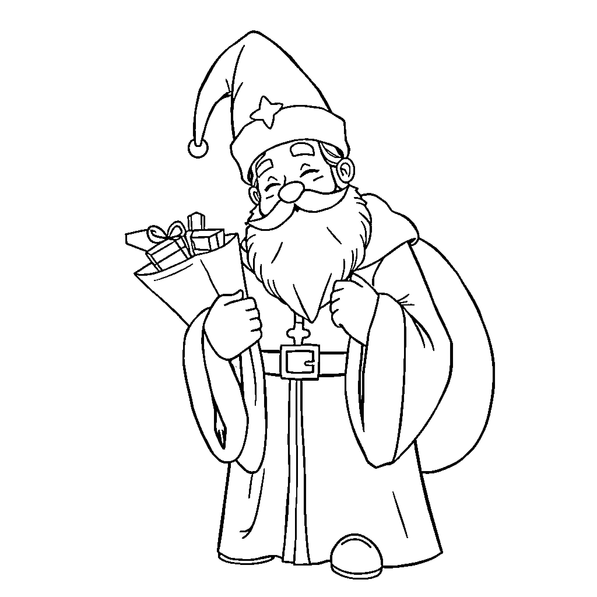 Saint Nicolas Bringing Holiday Cheer with Gifts Coloring Page (free black-and-white line drawing printable PDF for all, from beginners to advanced learners, including children, teens, adults, and seniors)