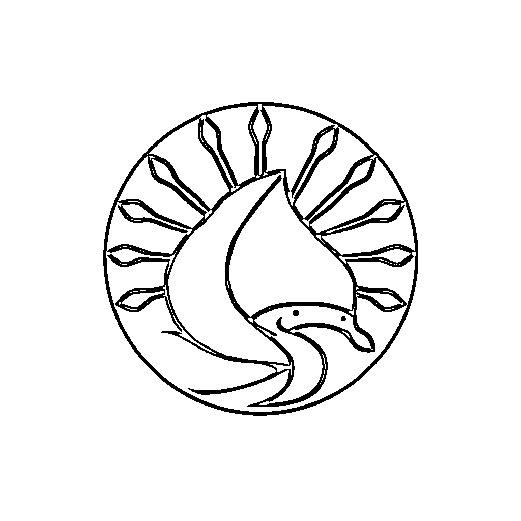 Logo of bird flying in sun-shaped circle Coloring Page (free black-and-white line drawing printable PDF for all, from beginners to advanced learners, including children, teens, adults, and seniors)