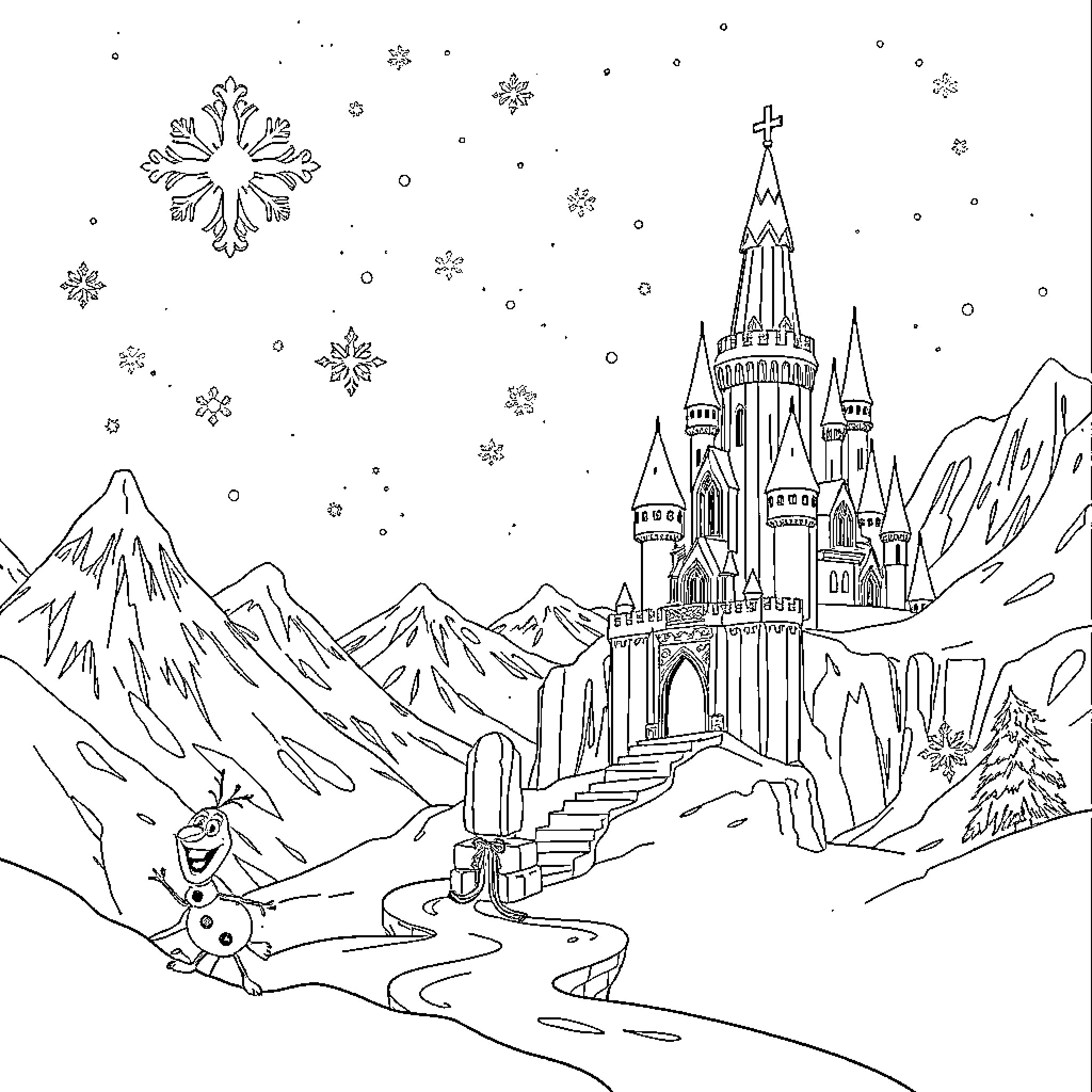 Frozen winter wonderland with castle and snowflakes Coloring Page (free black-and-white line drawing printable PDF for all, from beginners to advanced learners, including children, teens, adults, and seniors)