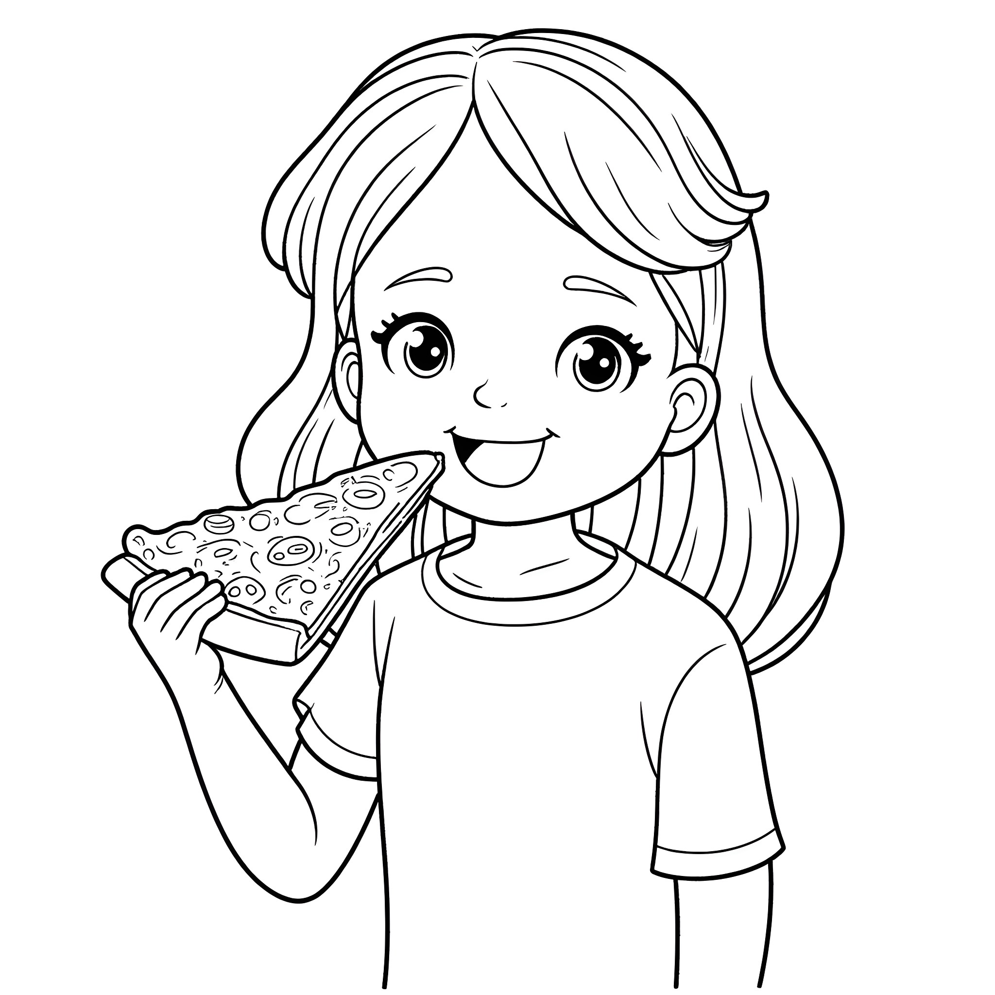 Girl enjoying a delicious pizza slice Coloring Page (free black-and-white line drawing printable PDF for all, from beginners to advanced learners, including children, teens, adults, and seniors)