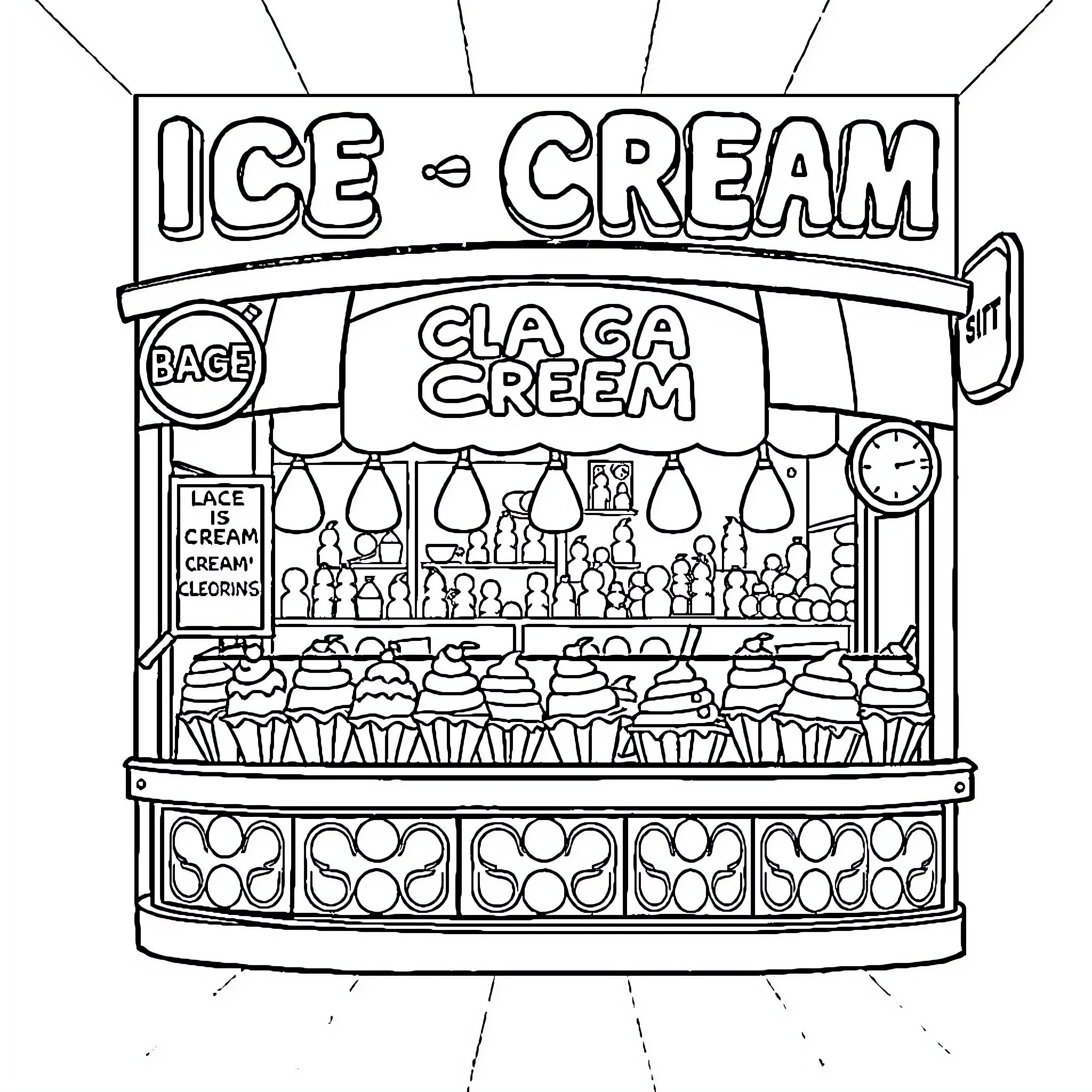 Ice Cream Stand with Delicious Treats Coloring Page (free black-and-white line drawing printable PDF for all, from beginners to advanced learners, including children, teens, adults, and seniors)