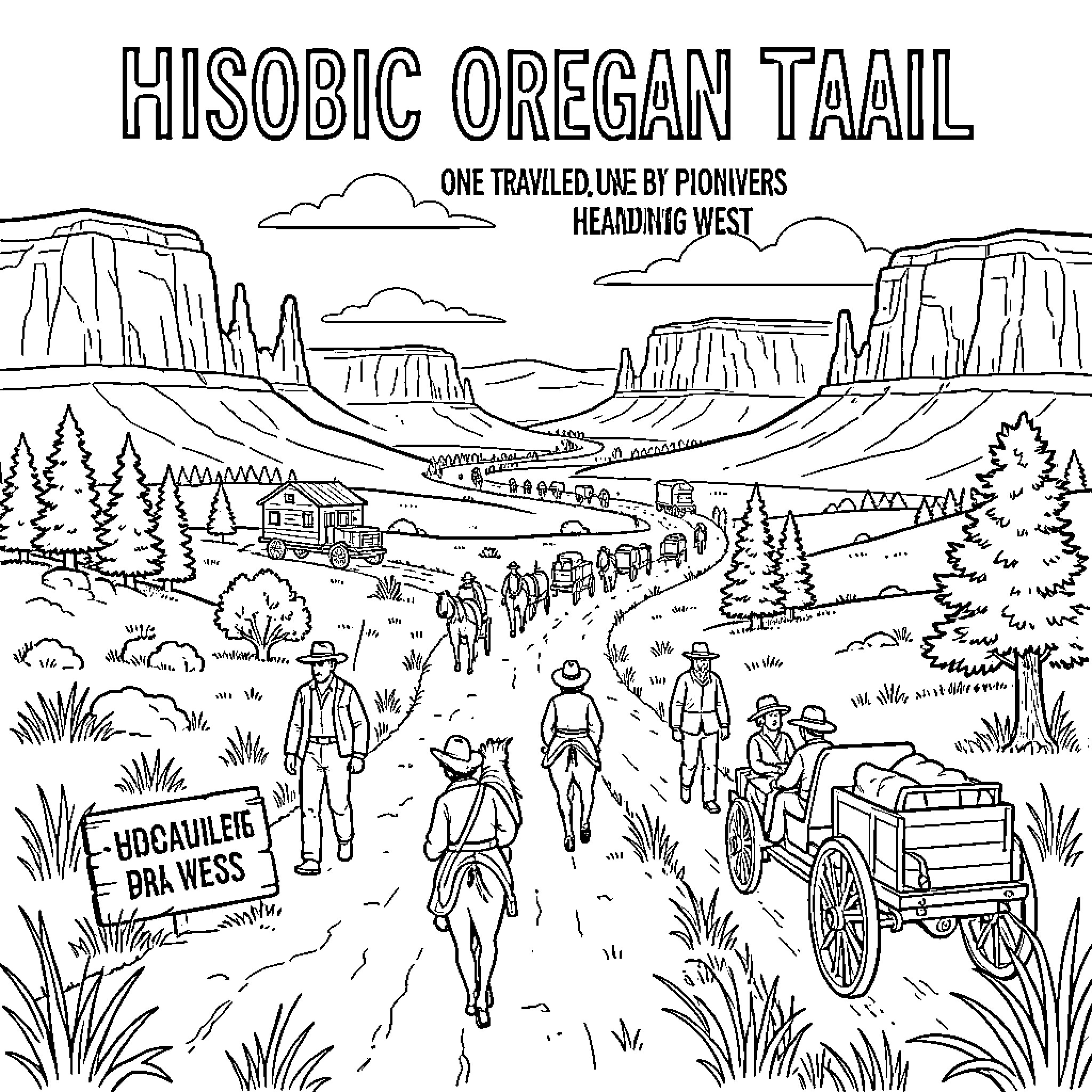 Oregon Trail pioneers traveling west in wagons Coloring Page (free black-and-white line drawing printable PDF for all, from beginners to advanced learners, including children, teens, adults, and seniors)
