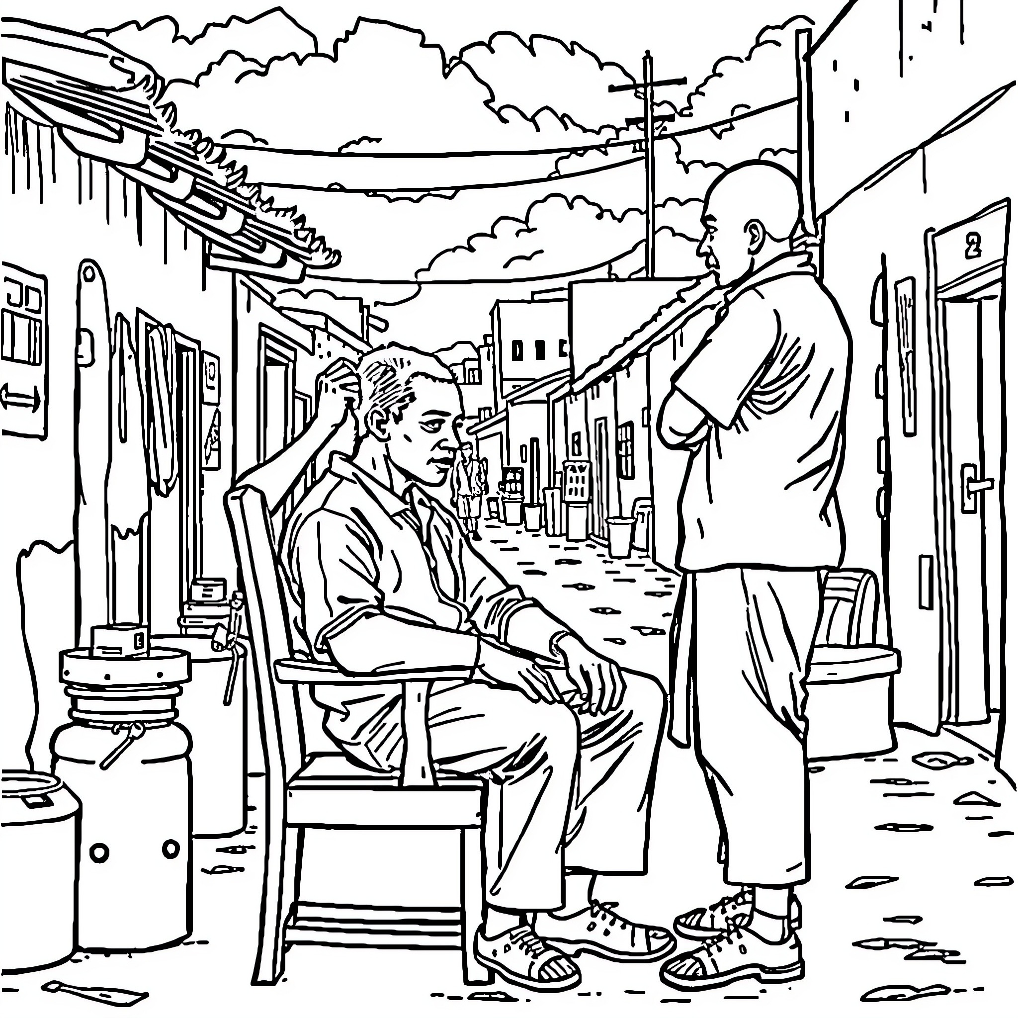 Haircut in the Neighborhood Street Coloring Page (free black-and-white line drawing printable PDF for all, from beginners to advanced learners, including children, teens, adults, and seniors)