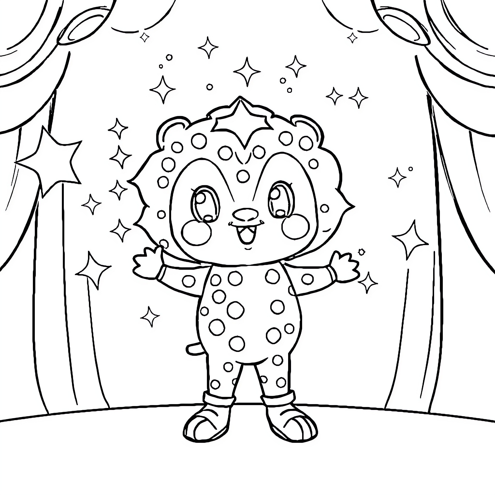 Labubu's Joyful Starry Performance Coloring Page (free black-and-white line drawing printable PDF for all, from beginners to advanced learners, including children, teens, adults, and seniors)