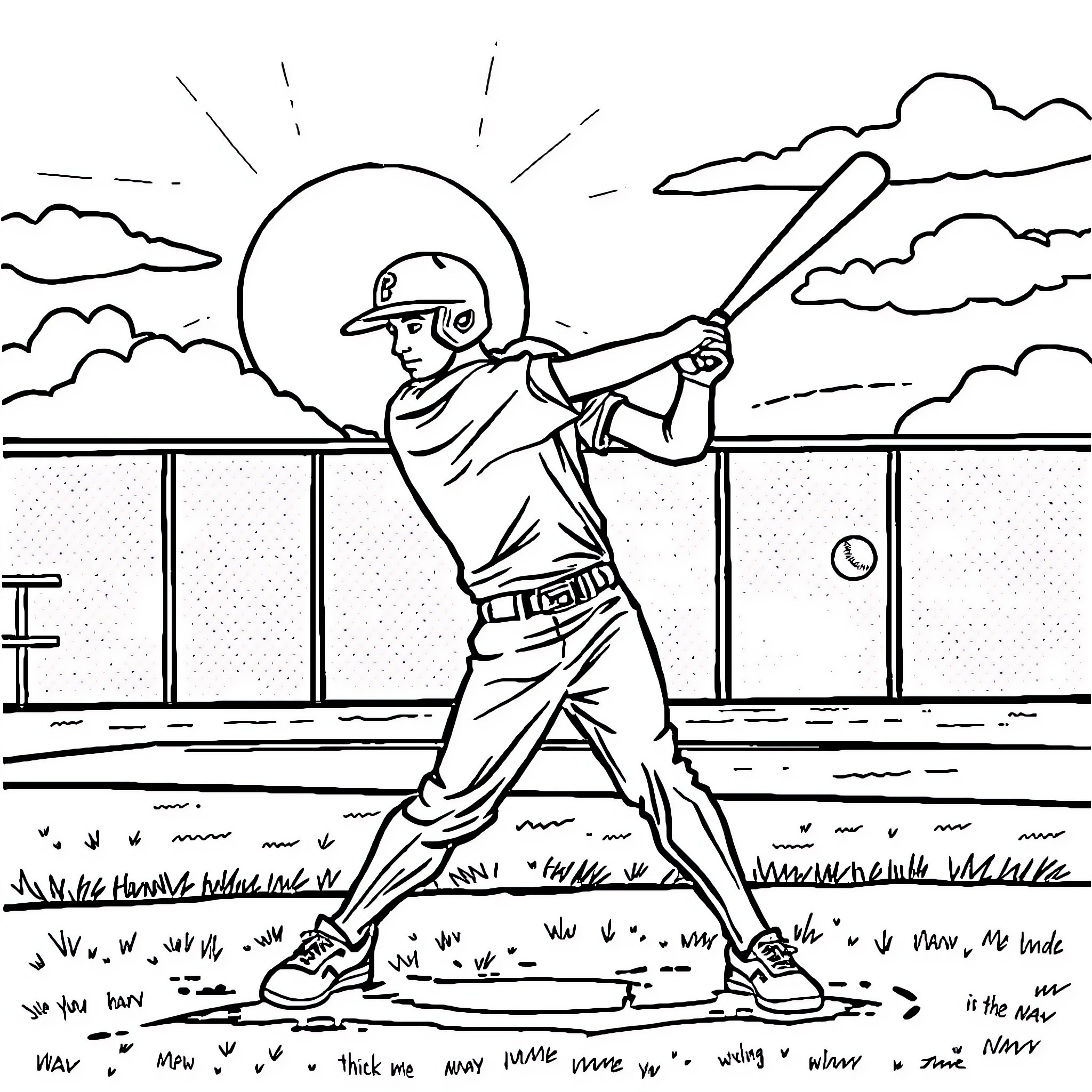 Baseball Player Batting on the Field Coloring Page (free black-and-white line drawing printable PDF for all, from beginners to advanced learners, including children, teens, adults, and seniors)
