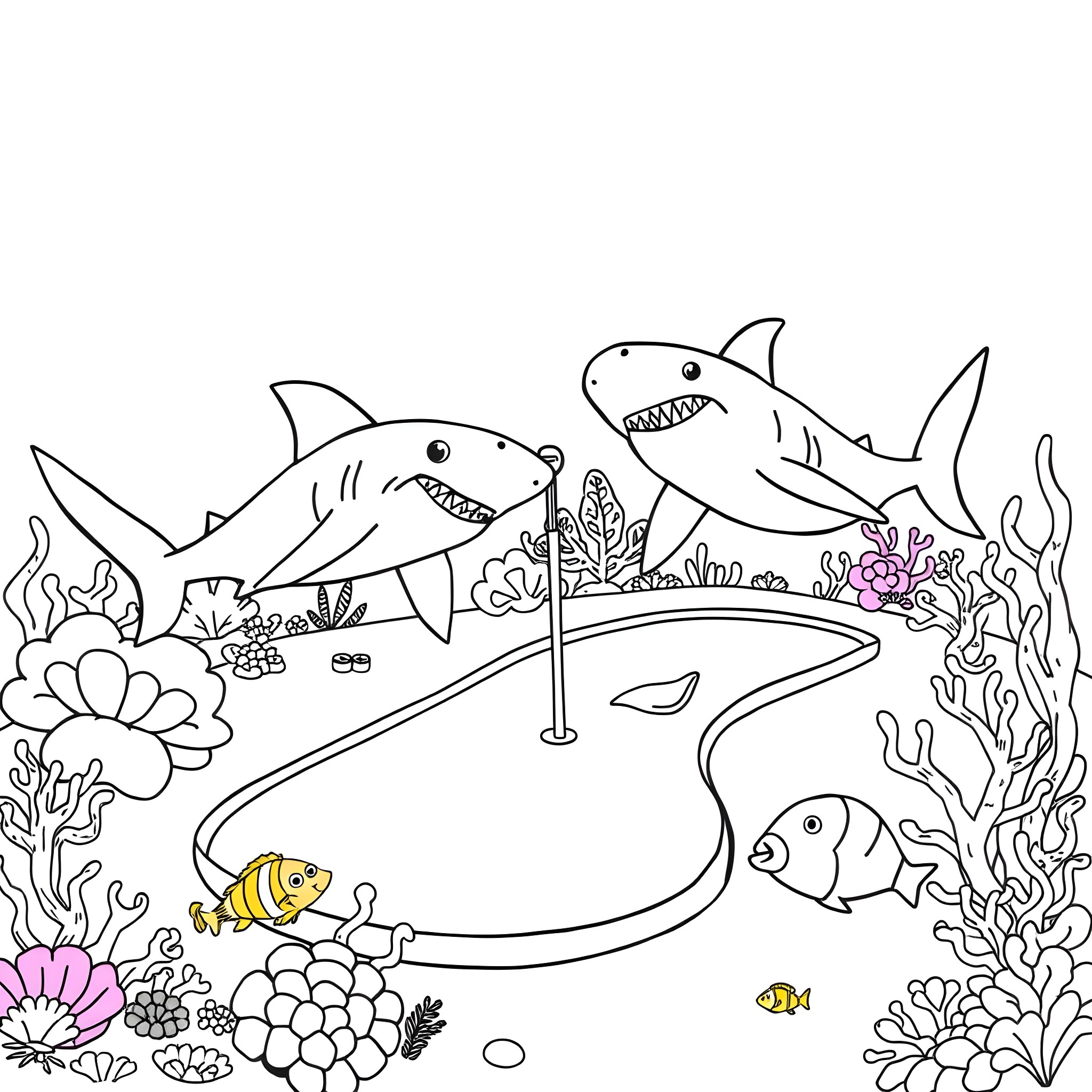 Hammerhead Sharks Swimming in Coral Reef Coloring Page (free black-and-white line drawing printable PDF for all, from beginners to advanced learners, including children, teens, adults, and seniors)