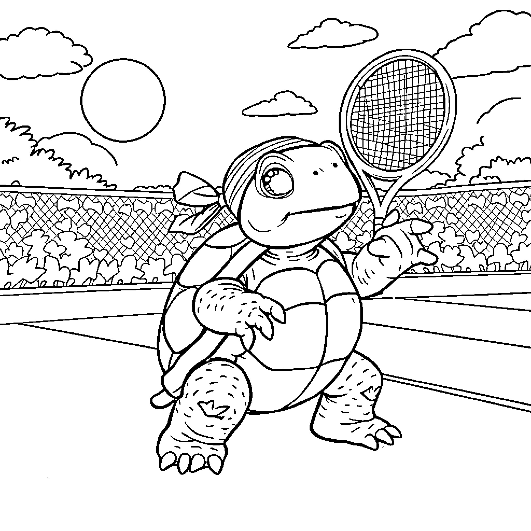 Turtle playing tennis on the court Coloring Page (free black-and-white line drawing printable PDF for all, from beginners to advanced learners, including children, teens, adults, and seniors)