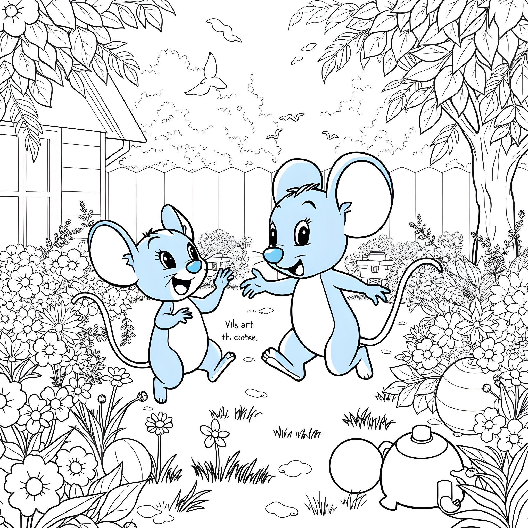 Bluey and Bingo playing happily in the garden Coloring Page (free black-and-white line drawing printable PDF for all, from beginners to advanced learners, including children, teens, adults, and seniors)