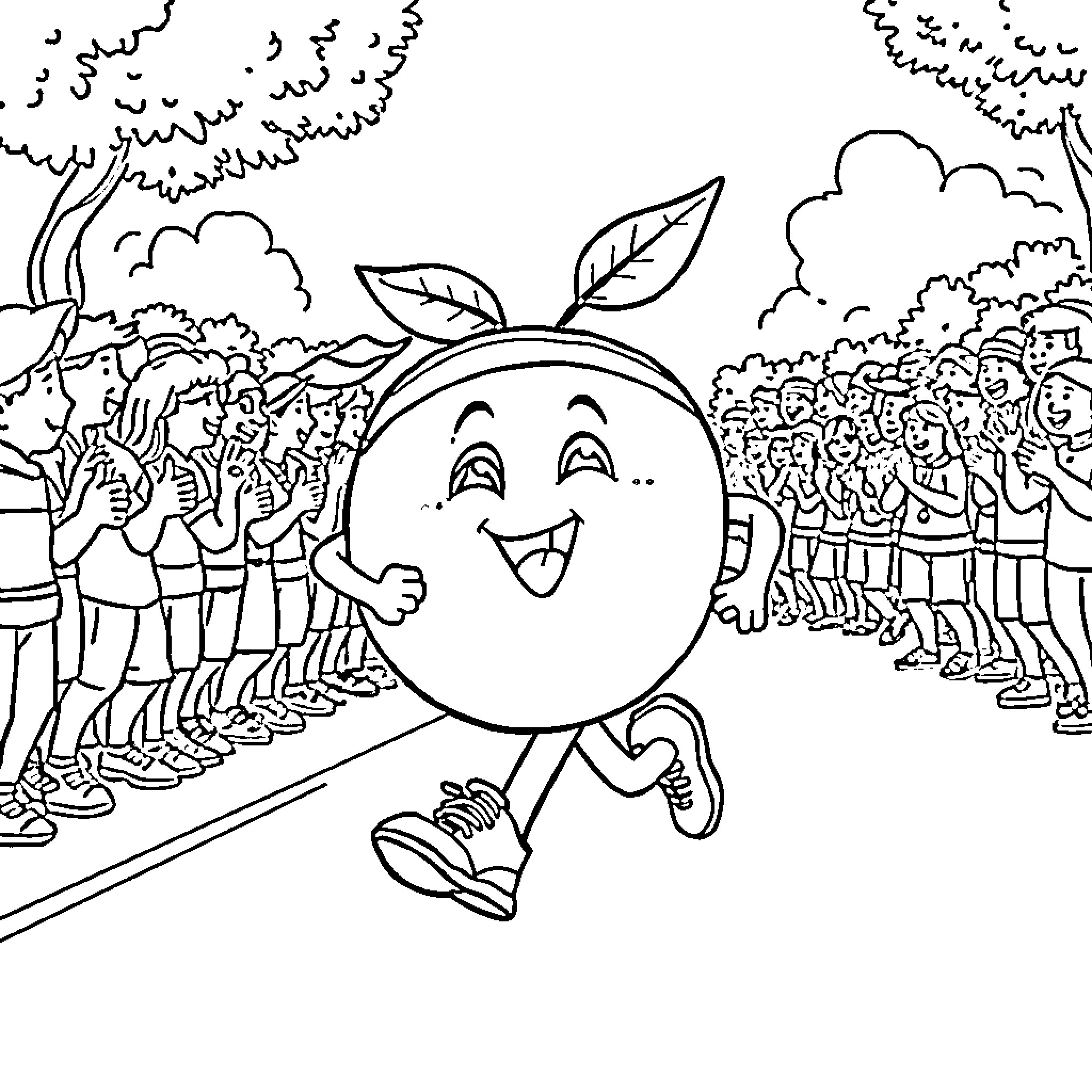 Peach Fruit Enjoying Crowd Applause in Garden Coloring Page (free black-and-white line drawing printable PDF for all, from beginners to advanced learners, including children, teens, adults, and seniors)