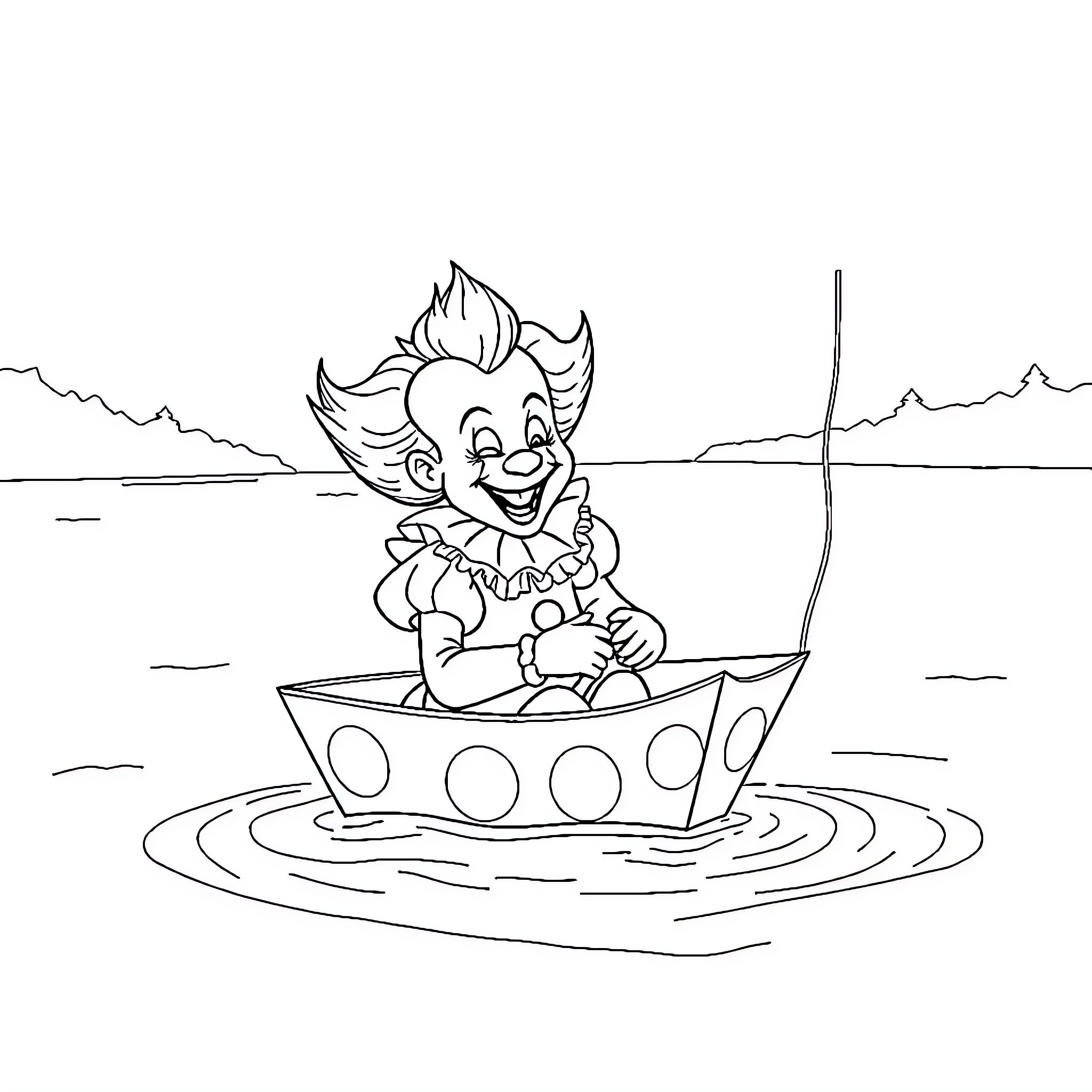 Pennywise floating on a boat in the water Coloring Page (free black-and-white line drawing printable PDF for all, from beginners to advanced learners, including children, teens, adults, and seniors)