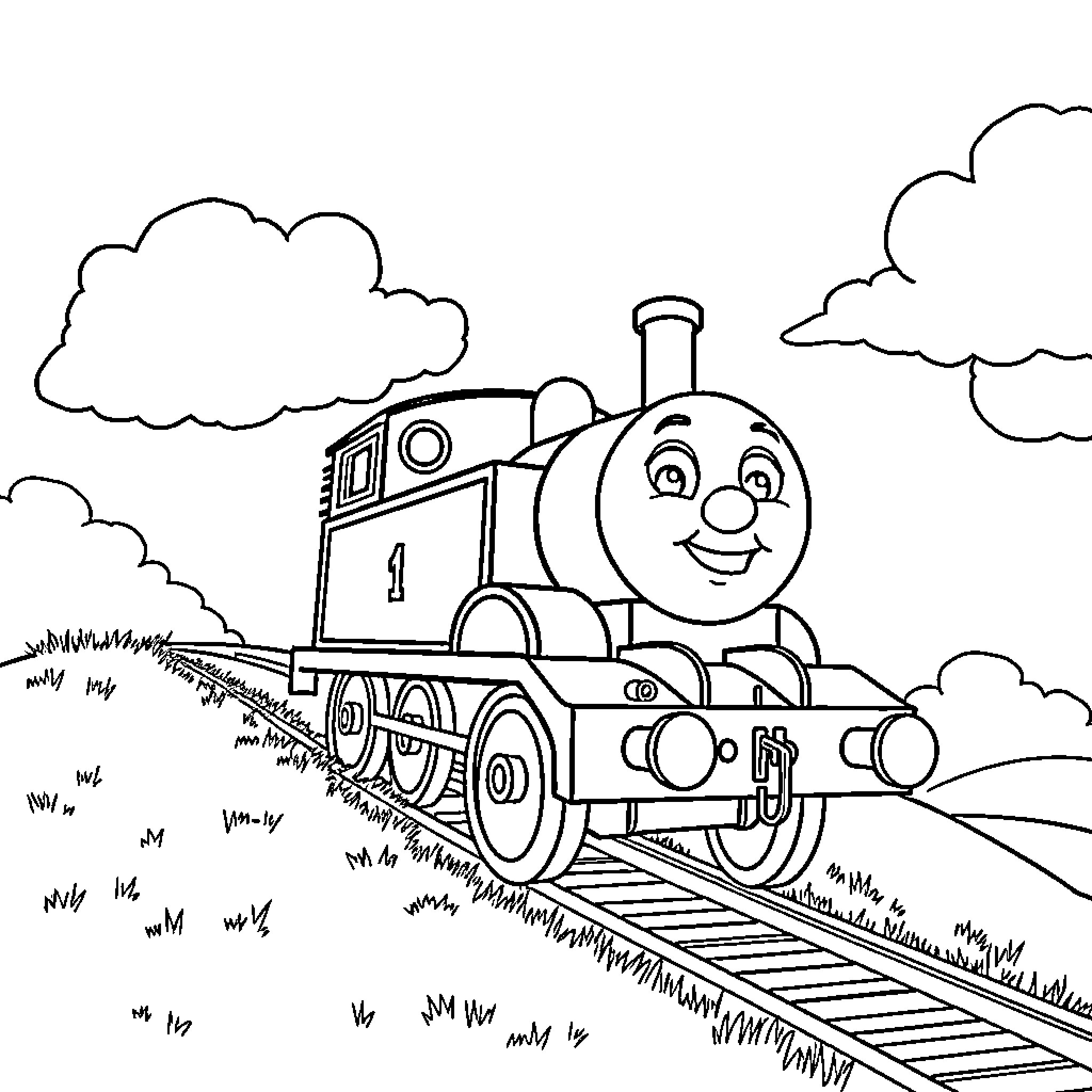 Thomas the Train Chugging on Railway Coloring Page (free black-and-white line drawing printable PDF for all, from beginners to advanced learners, including children, teens, adults, and seniors)