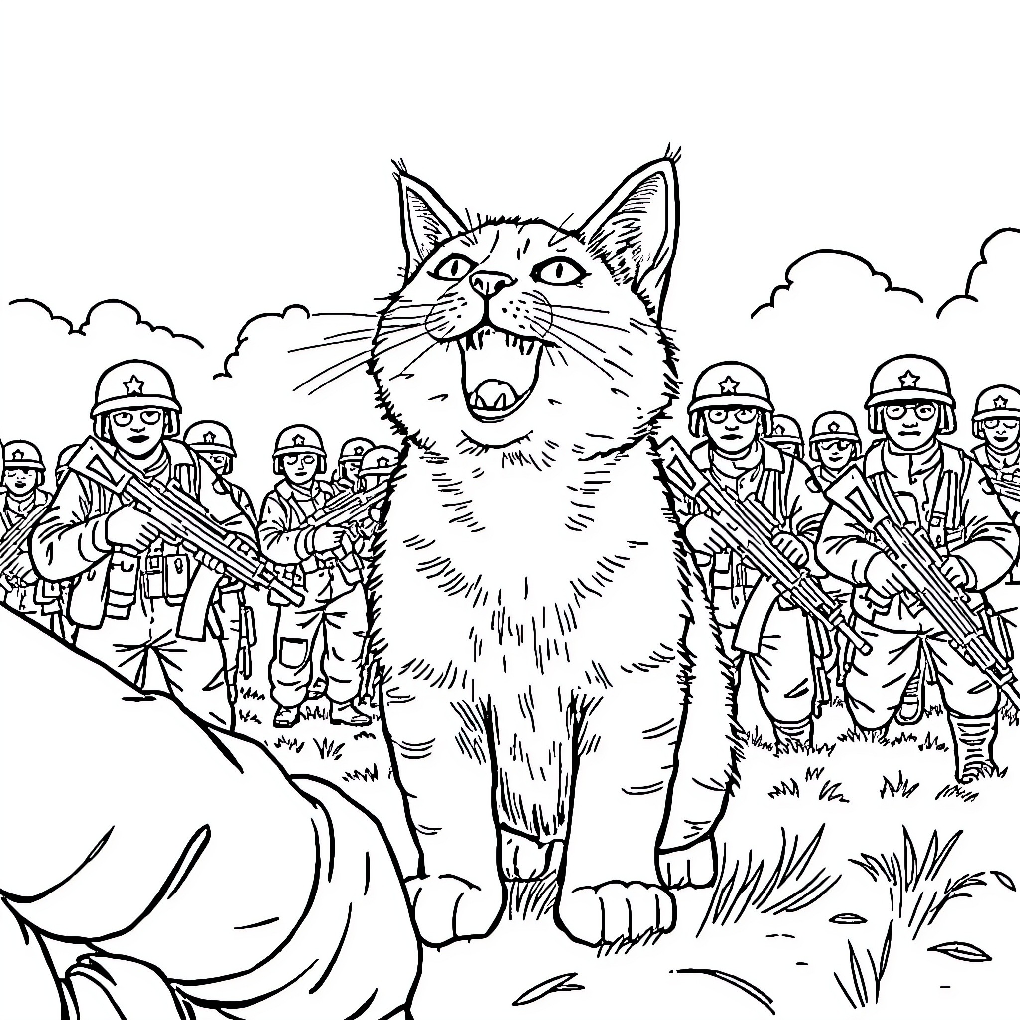 Chat with Curious Cat on the Battlefield Coloring Page (free black-and-white line drawing printable PDF for all, from beginners to advanced learners, including children, teens, adults, and seniors)