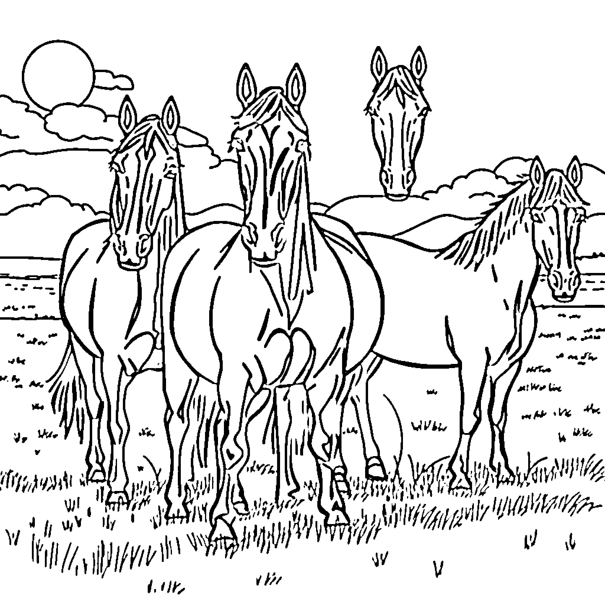 Horse Herd Roaming Through Scenic Landscape Coloring Page (free black-and-white line drawing printable PDF for all, from beginners to advanced learners, including children, teens, adults, and seniors)
