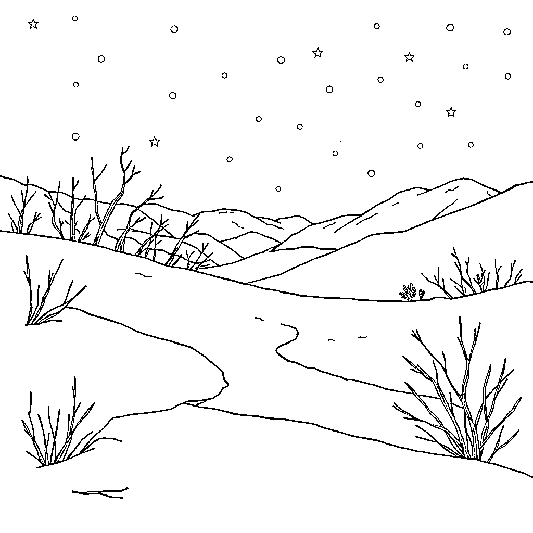 Frozen winter landscape with mountains and stars Coloring Page (free black-and-white line drawing printable PDF for all, from beginners to advanced learners, including children, teens, adults, and seniors)