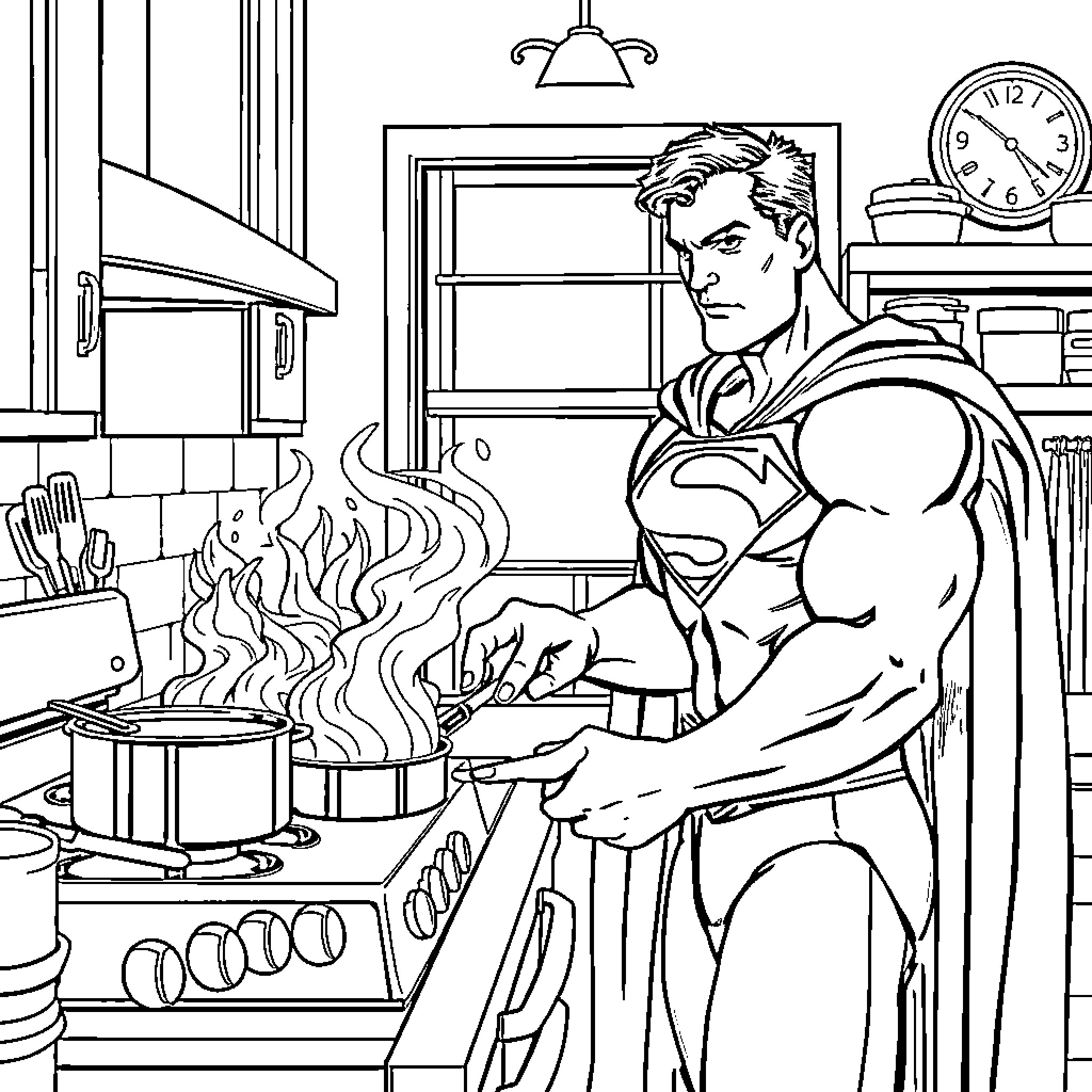 Superman cooking a meal in the kitchen Coloring Page (free black-and-white line drawing printable PDF for all, from beginners to advanced learners, including children, teens, adults, and seniors)