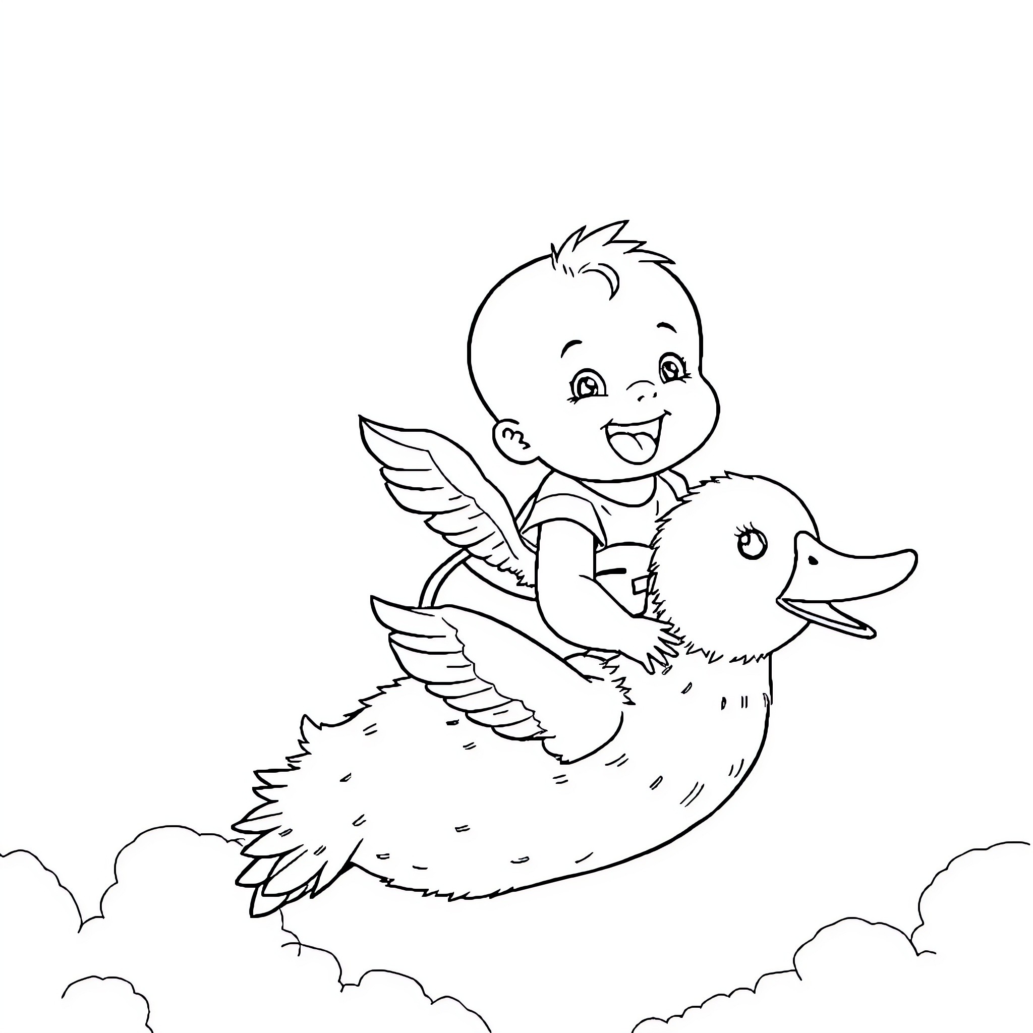 Baby riding a playful duck in the clouds Coloring Page (free black-and-white line drawing printable PDF for all, from beginners to advanced learners, including children, teens, adults, and seniors)