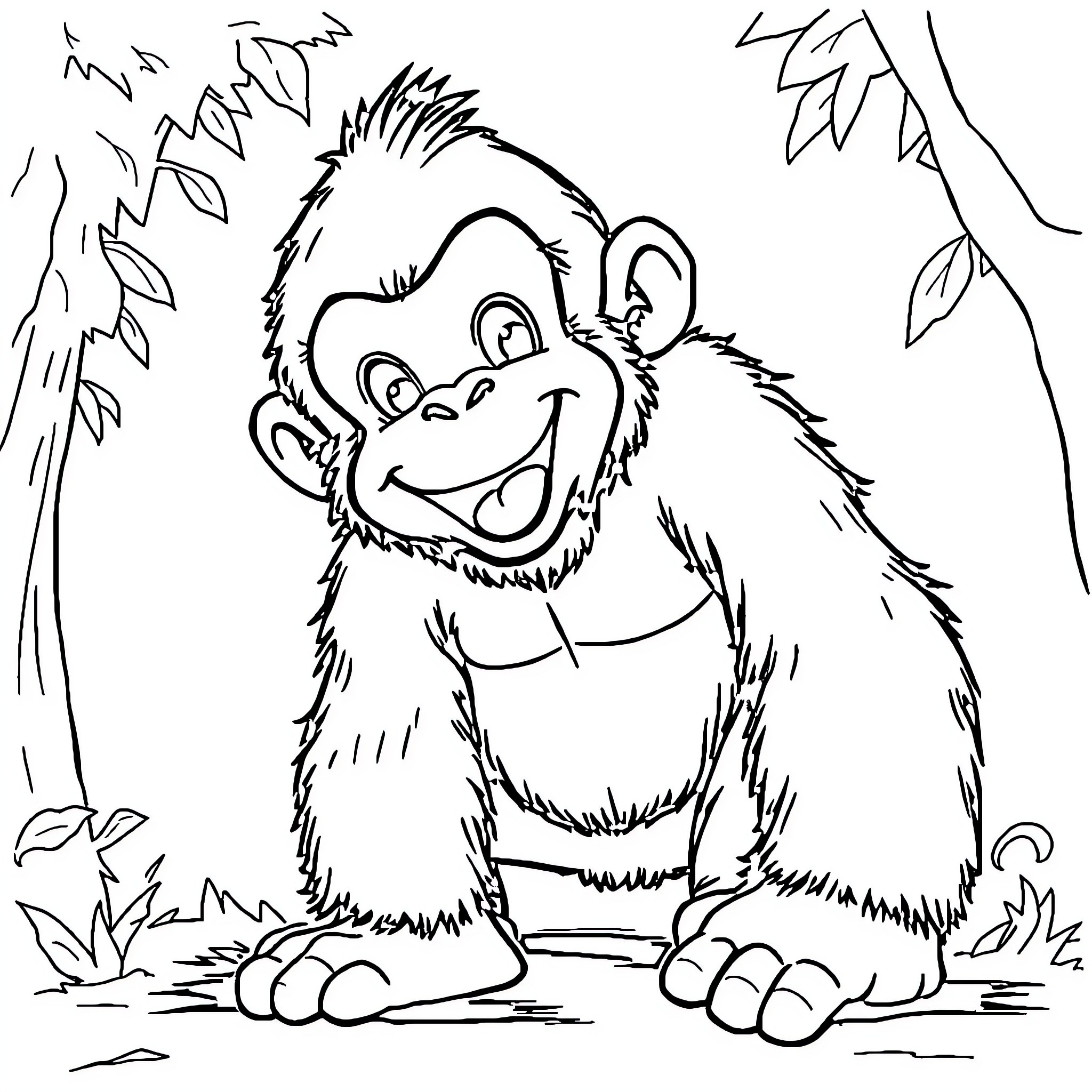 Gorilla happily playing in the jungle Coloring Page (free black-and-white line drawing printable PDF for all, from beginners to advanced learners, including children, teens, adults, and seniors)