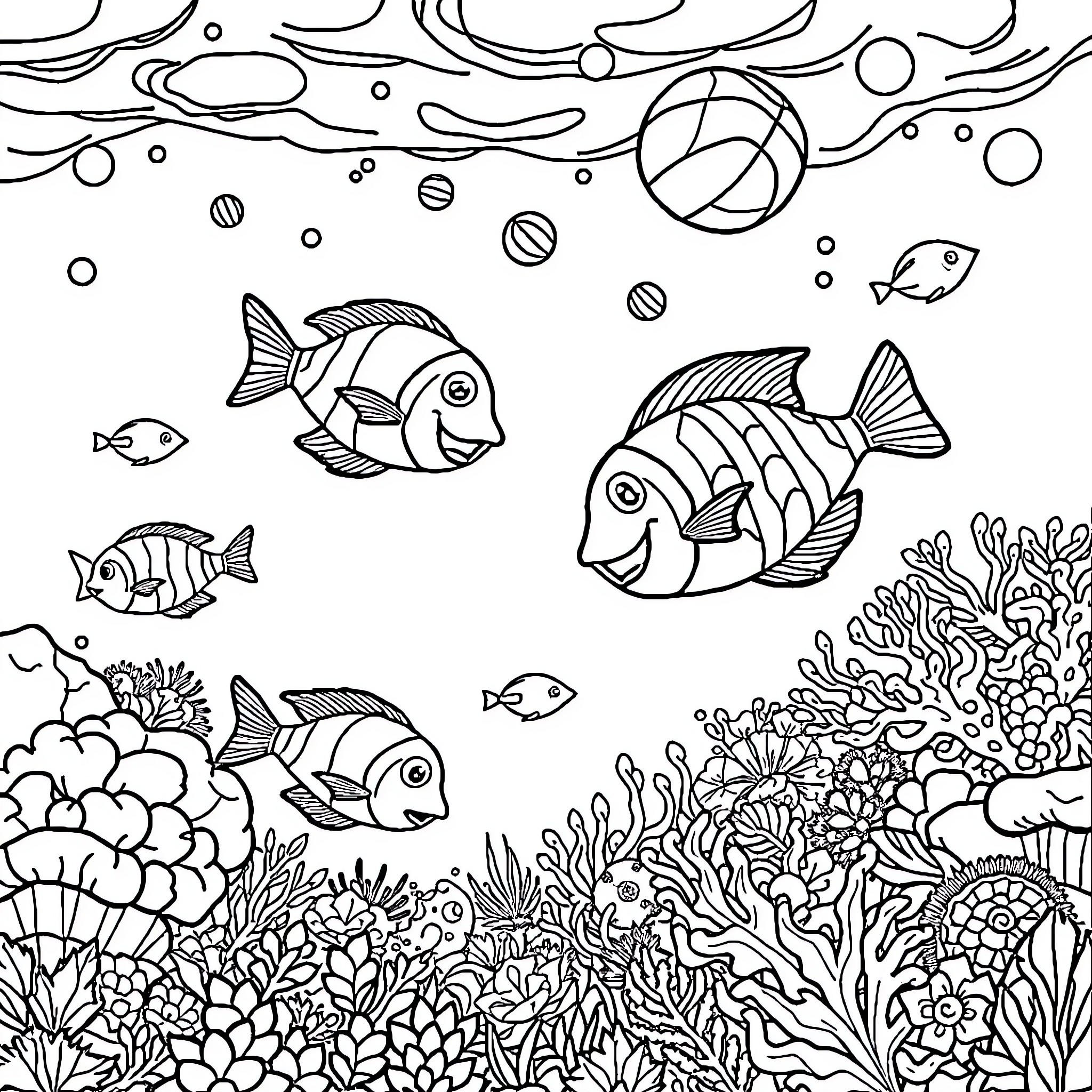 Fish swimming in an underwater scene Coloring Page (free black-and-white line drawing printable PDF for all, from beginners to advanced learners, including children, teens, adults, and seniors)