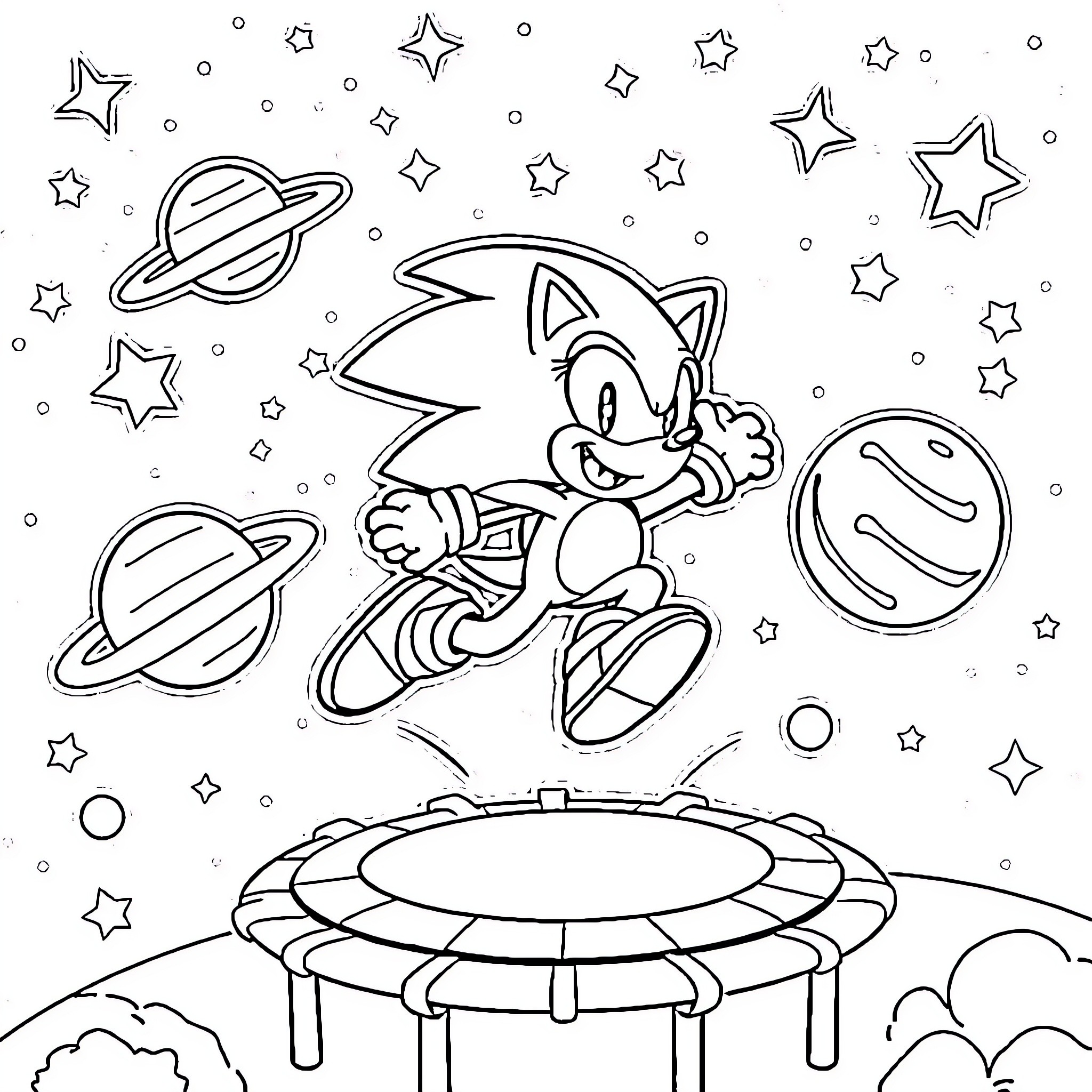 Sonic's Cosmic Adventure with Planets and Stars Coloring Page (free black-and-white line drawing printable PDF for all, from beginners to advanced learners, including children, teens, adults, and seniors)