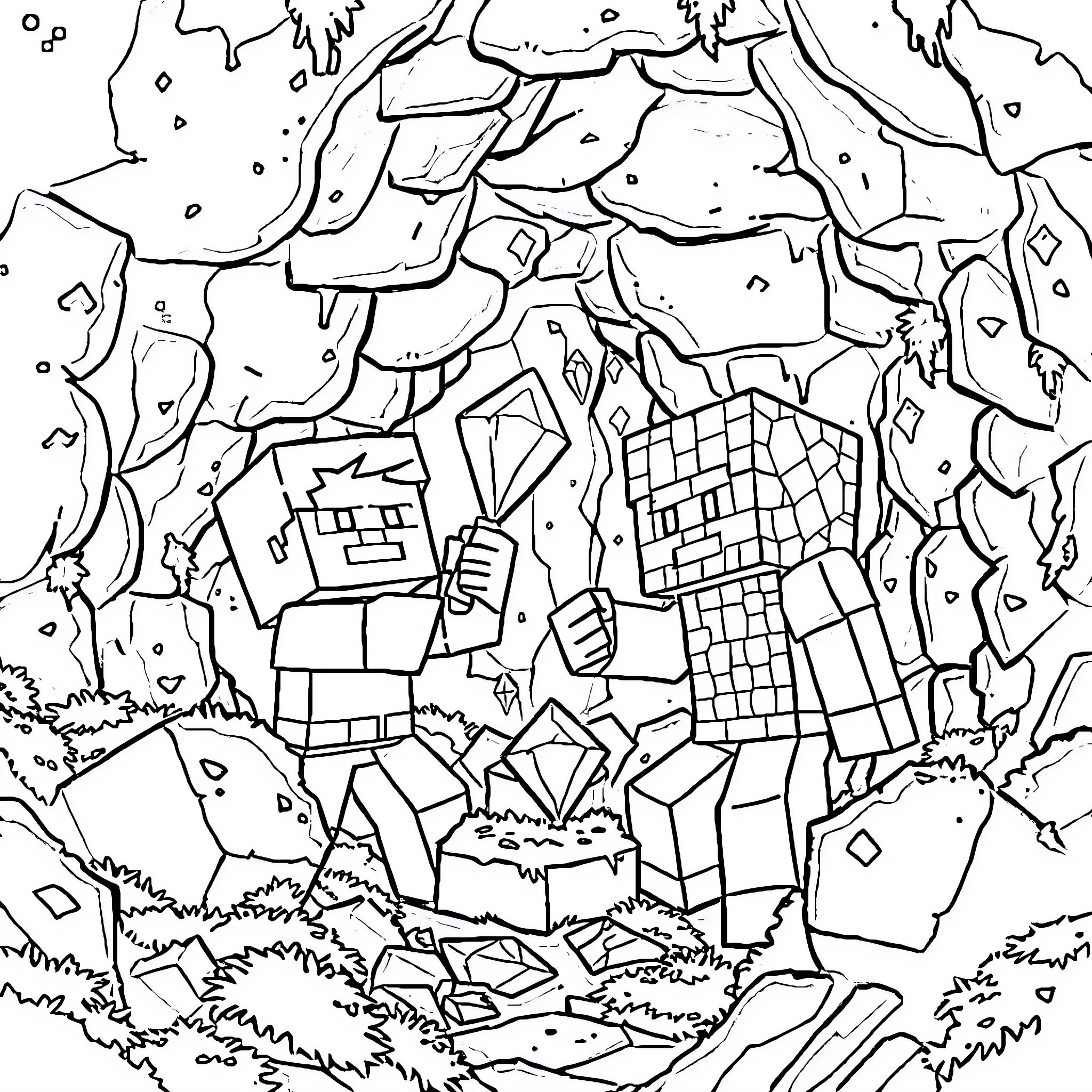 Steve exploring the abstract landscape Coloring Page (free black-and-white line drawing printable PDF for all, from beginners to advanced learners, including children, teens, adults, and seniors)