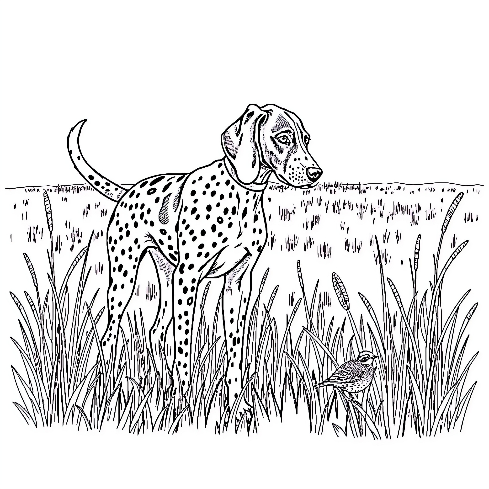 German Shorthair Pointer exploring grassy field Coloring Page (free black-and-white line drawing printable PDF for all, from beginners to advanced learners, including children, teens, adults, and seniors)