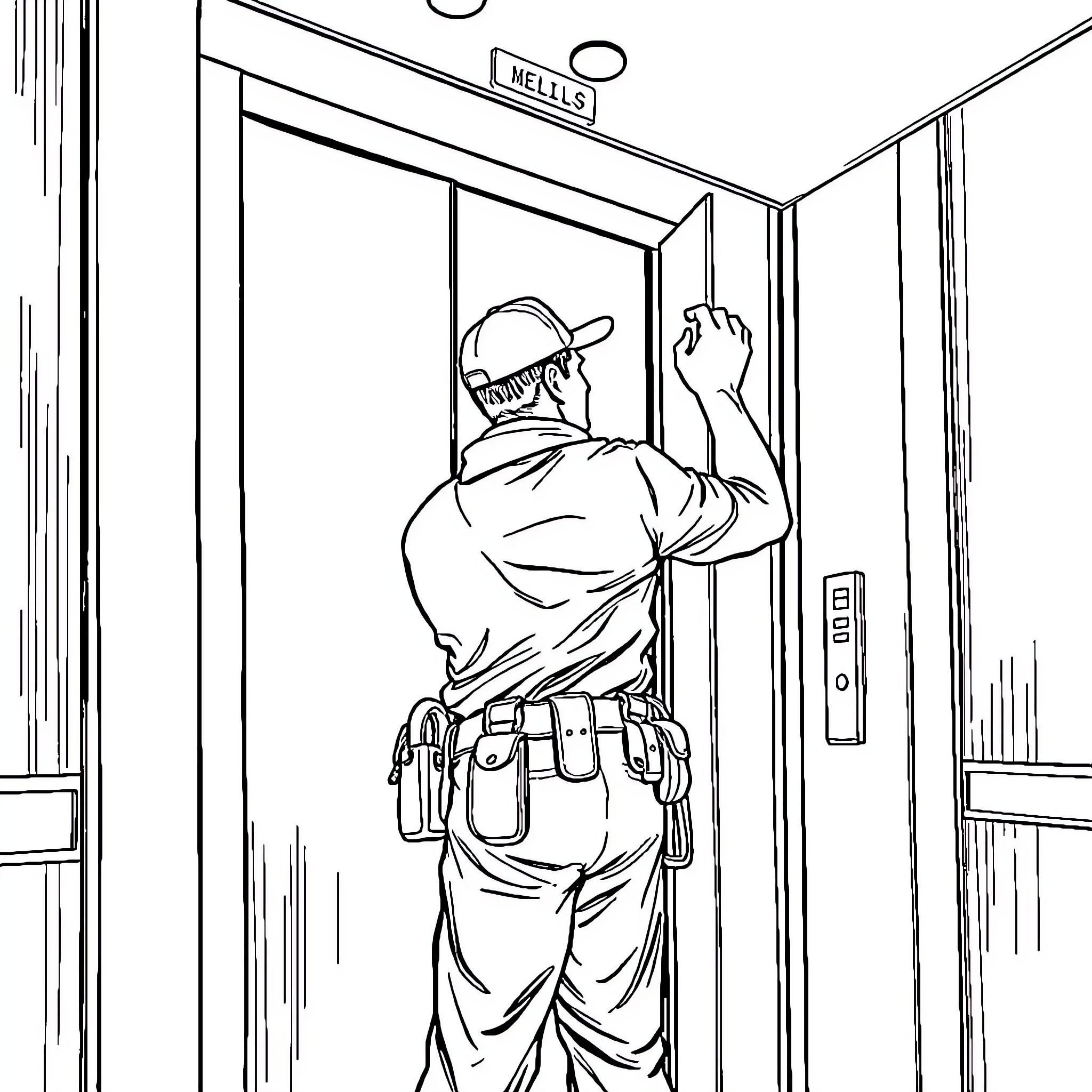 Elevator Technician Examining and Repairing Elevator Machinery Coloring Page (free black-and-white line drawing printable PDF for all, from beginners to advanced learners, including children, teens, adults, and seniors)