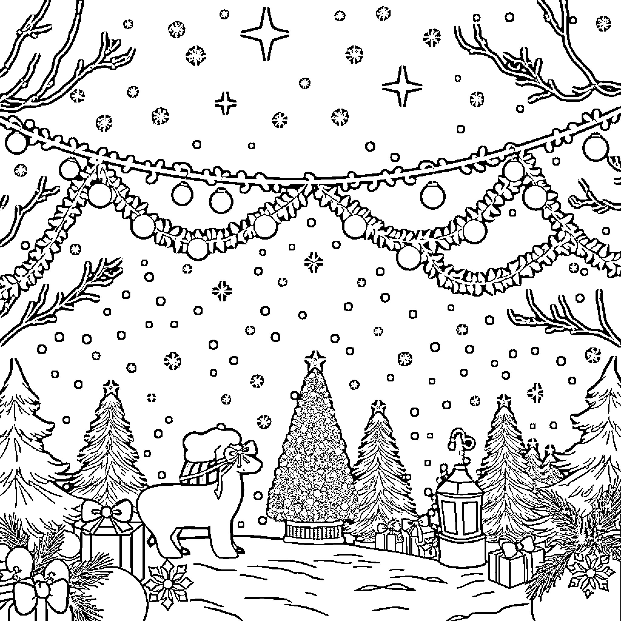 Navidad winter landscape with festive decorations Coloring Page (free black-and-white line drawing printable PDF for all, from beginners to advanced learners, including children, teens, adults, and seniors)