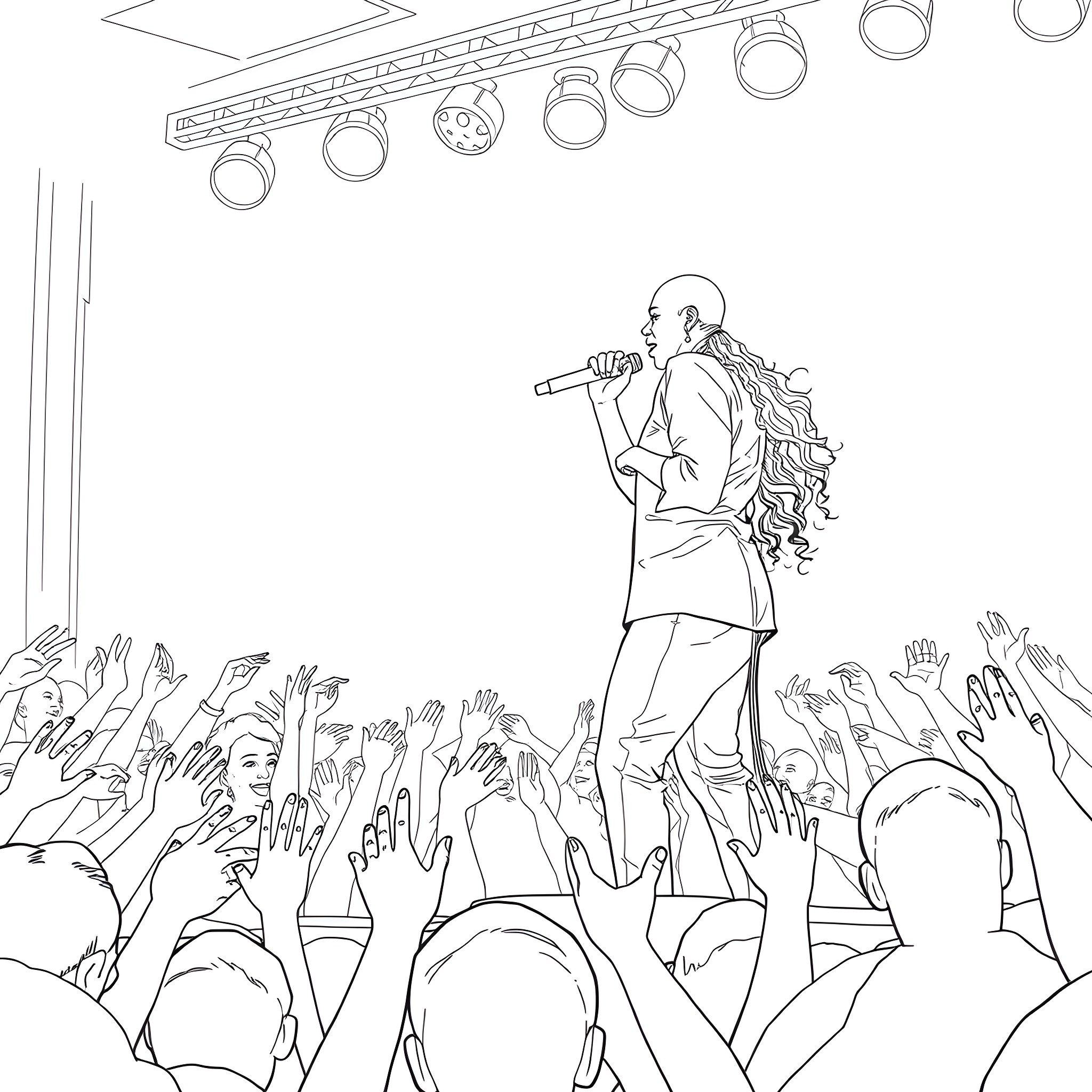 Beyonce performing on stage before cheering audience Coloring Page (free black-and-white line drawing printable PDF for all, from beginners to advanced learners, including children, teens, adults, and seniors)