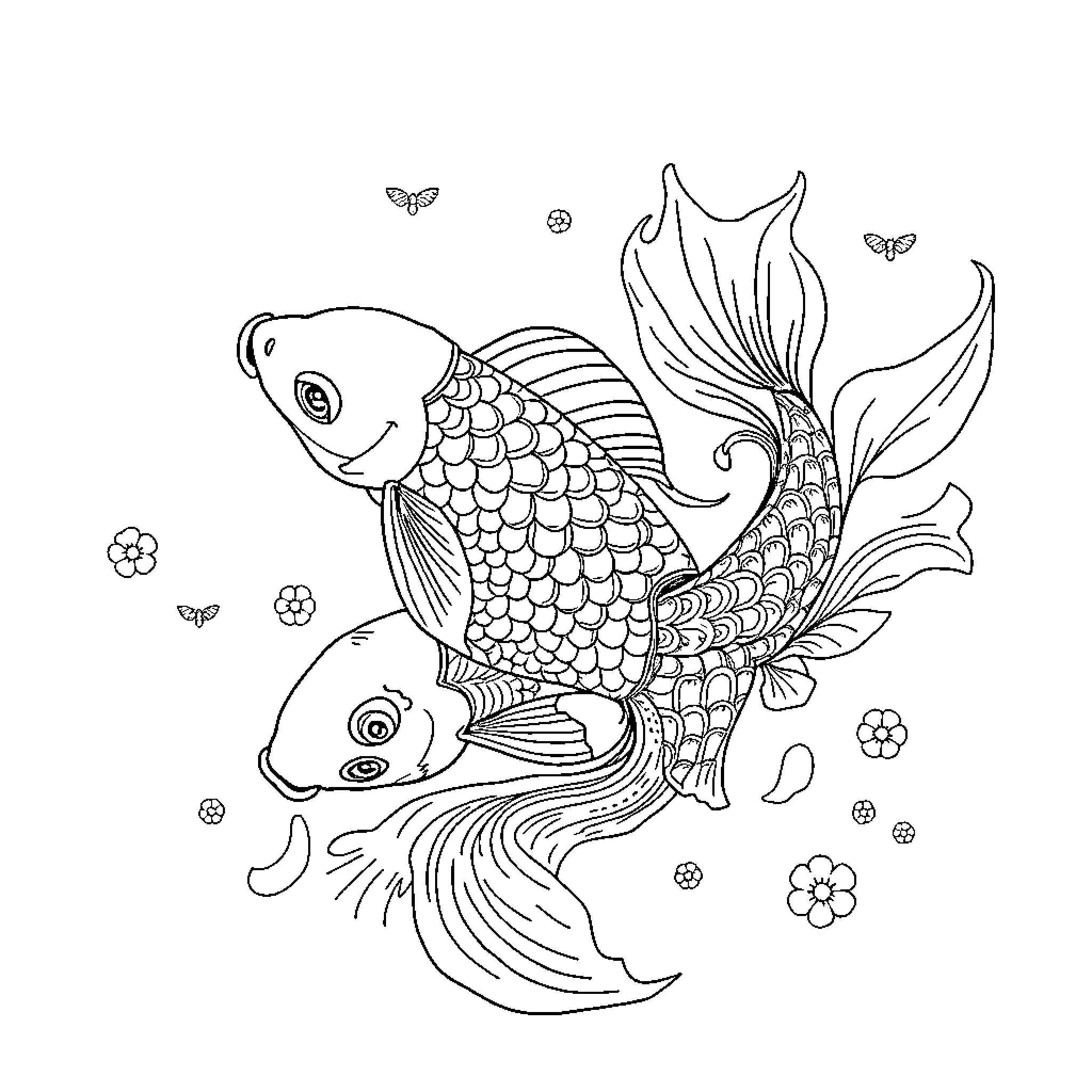 Carp swimming gracefully with floral accents Coloring Page (free black-and-white line drawing printable PDF for all, from beginners to advanced learners, including children, teens, adults, and seniors)