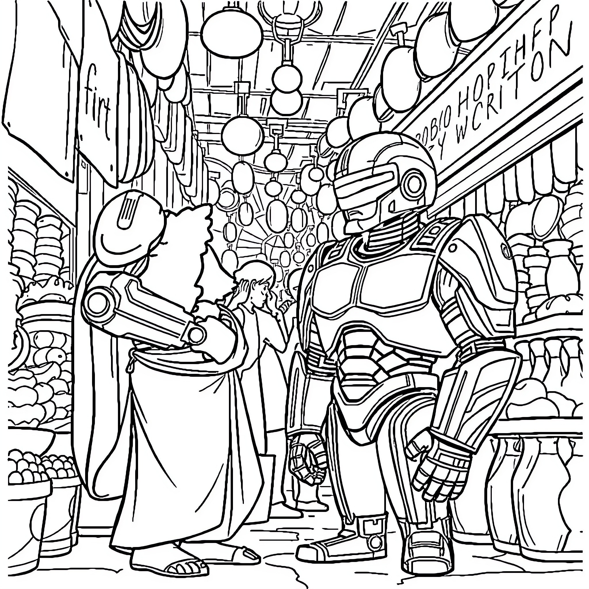 Aladdin encounters mysterious robotic figure in fantastical market scene Coloring Page (free black-and-white line drawing printable PDF for all, from beginners to advanced learners, including children, teens, adults, and seniors)