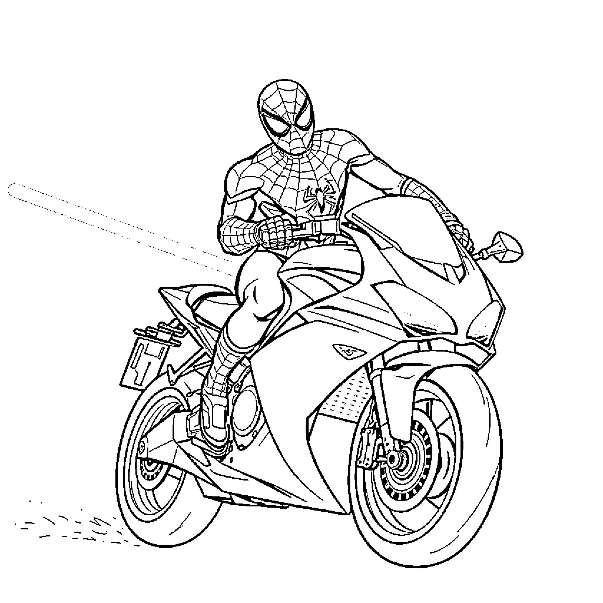 Spider-Man riding a high-speed motorcycle Coloring Page (free black-and-white line drawing printable PDF for all, from beginners to advanced learners, including children, teens, adults, and seniors)
