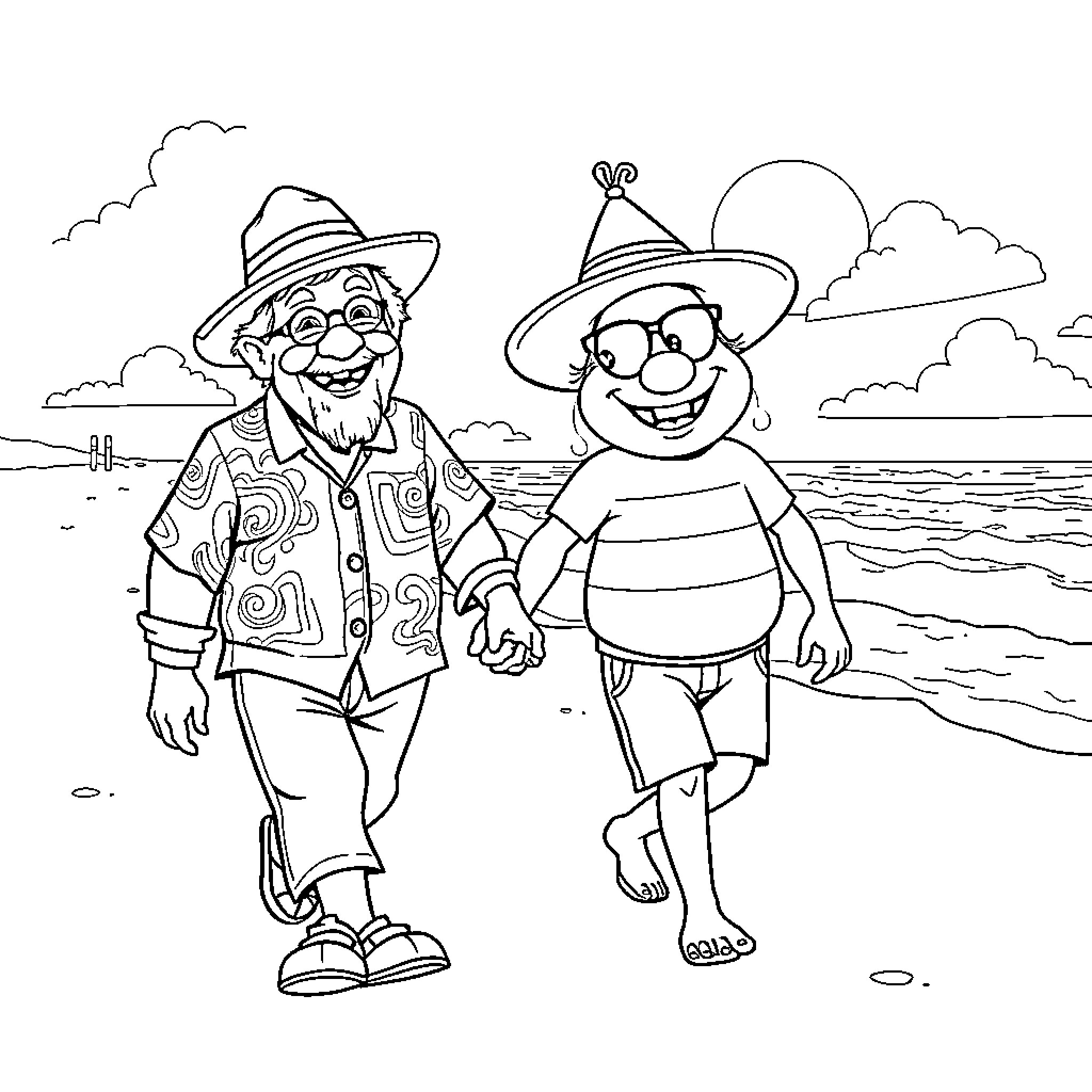Uncle Grandpa's Beach Adventure with Funny Friends Coloring Page (free black-and-white line drawing printable PDF for all, from beginners to advanced learners, including children, teens, adults, and seniors)