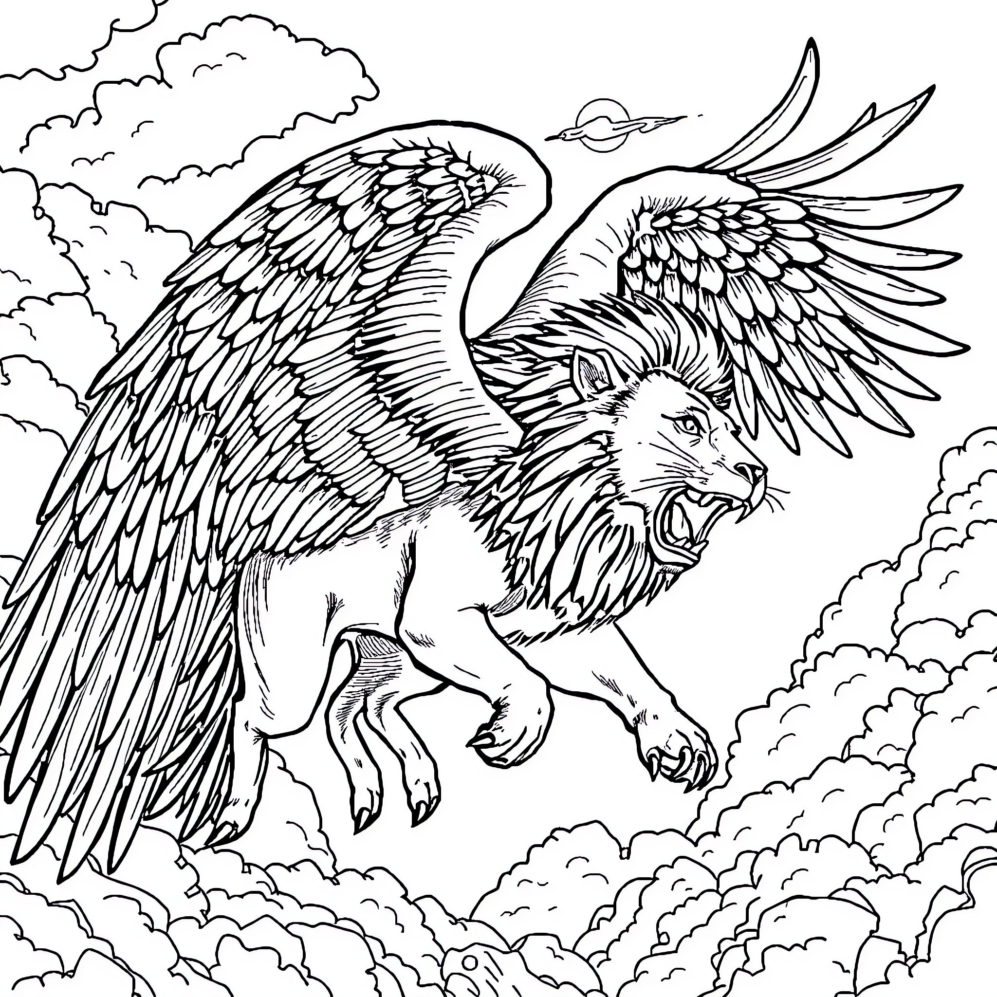 Lion with majestic wings soaring through the clouds Coloring Page (free black-and-white line drawing printable PDF for all, from beginners to advanced learners, including children, teens, adults, and seniors)
