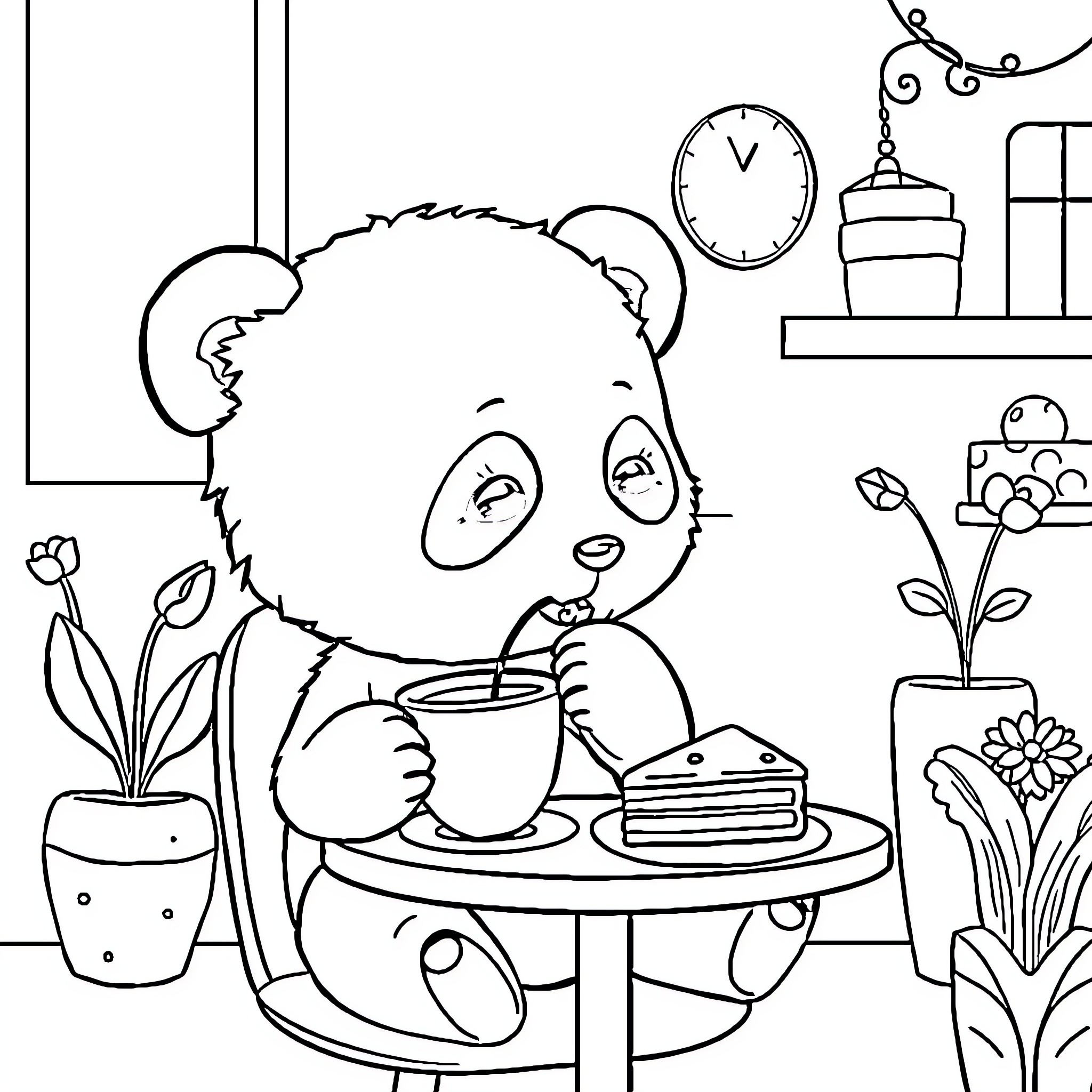 Panda enjoying a snack and relaxing indoors Coloring Page (free black-and-white line drawing printable PDF for all, from beginners to advanced learners, including children, teens, adults, and seniors)