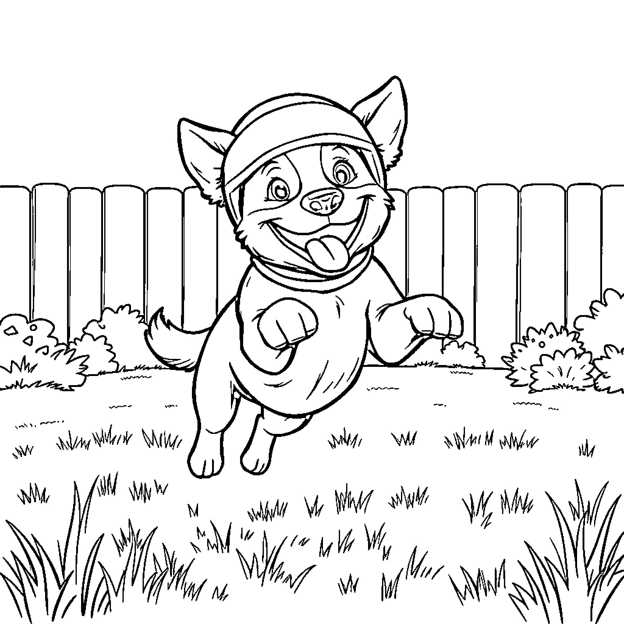 Dog playing happily in the yard Coloring Page (free black-and-white line drawing printable PDF for all, from beginners to advanced learners, including children, teens, adults, and seniors)