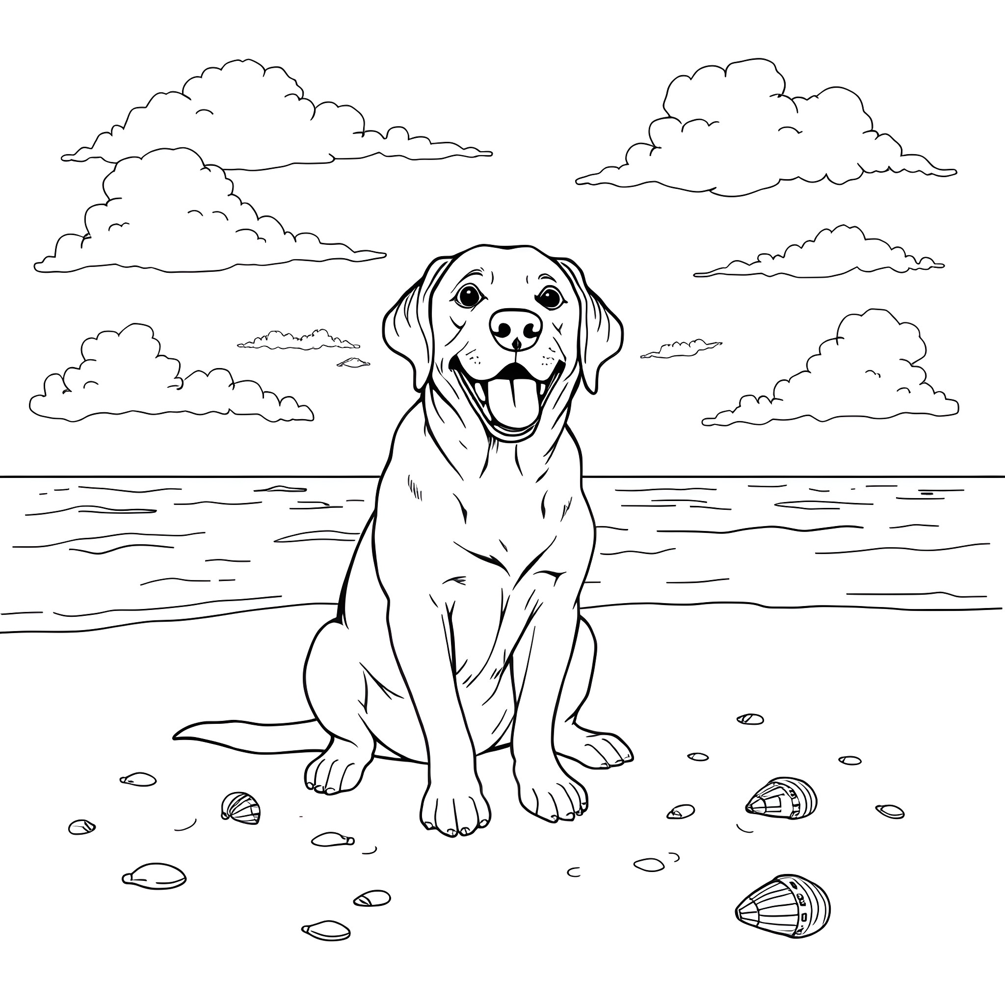 Lab Dog on the Beach Coloring Page (free black-and-white line drawing printable PDF for all, from beginners to advanced learners, including children, teens, adults, and seniors)