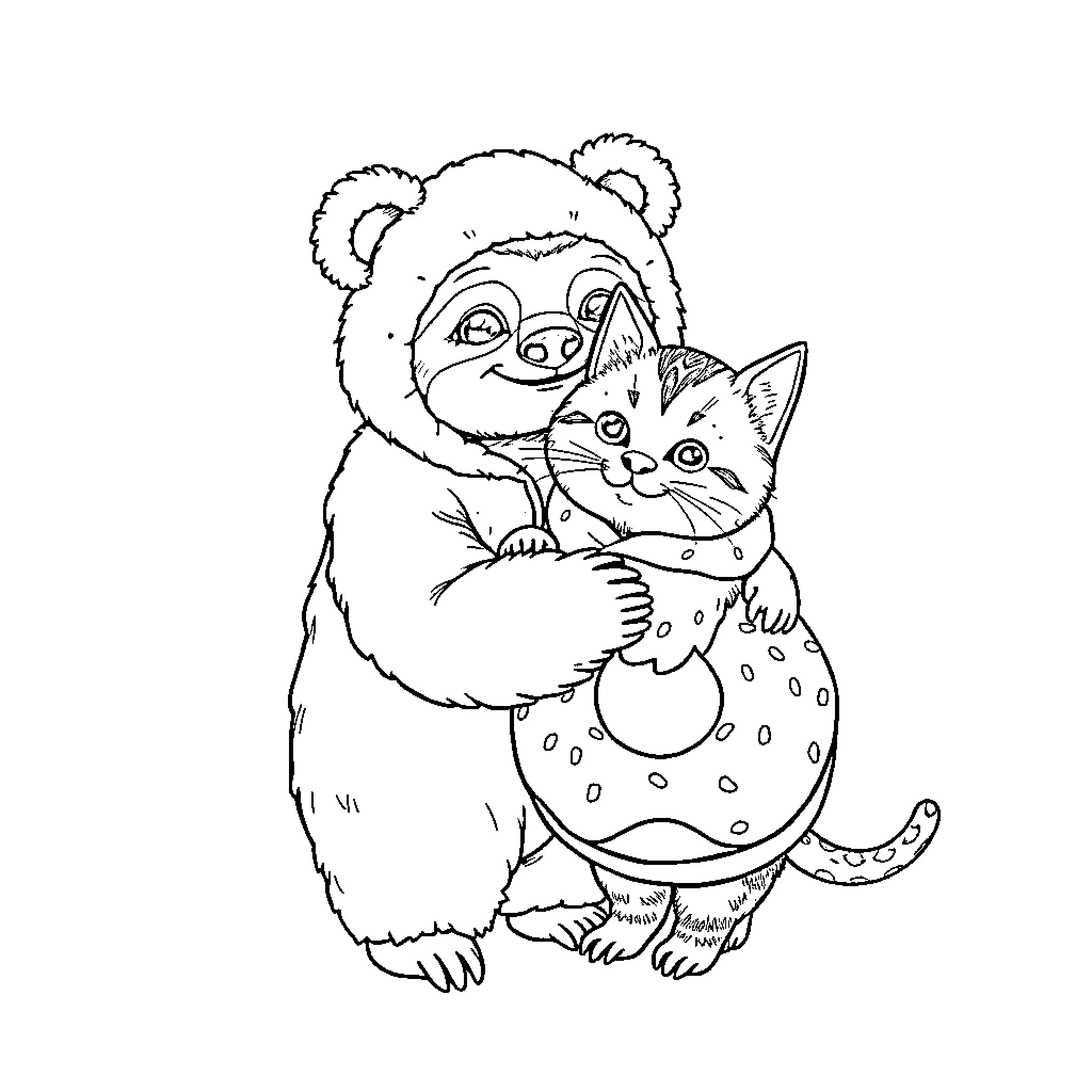Sloth cuddling adorable kitten Coloring Page (free black-and-white line drawing printable PDF for all, from beginners to advanced learners, including children, teens, adults, and seniors)