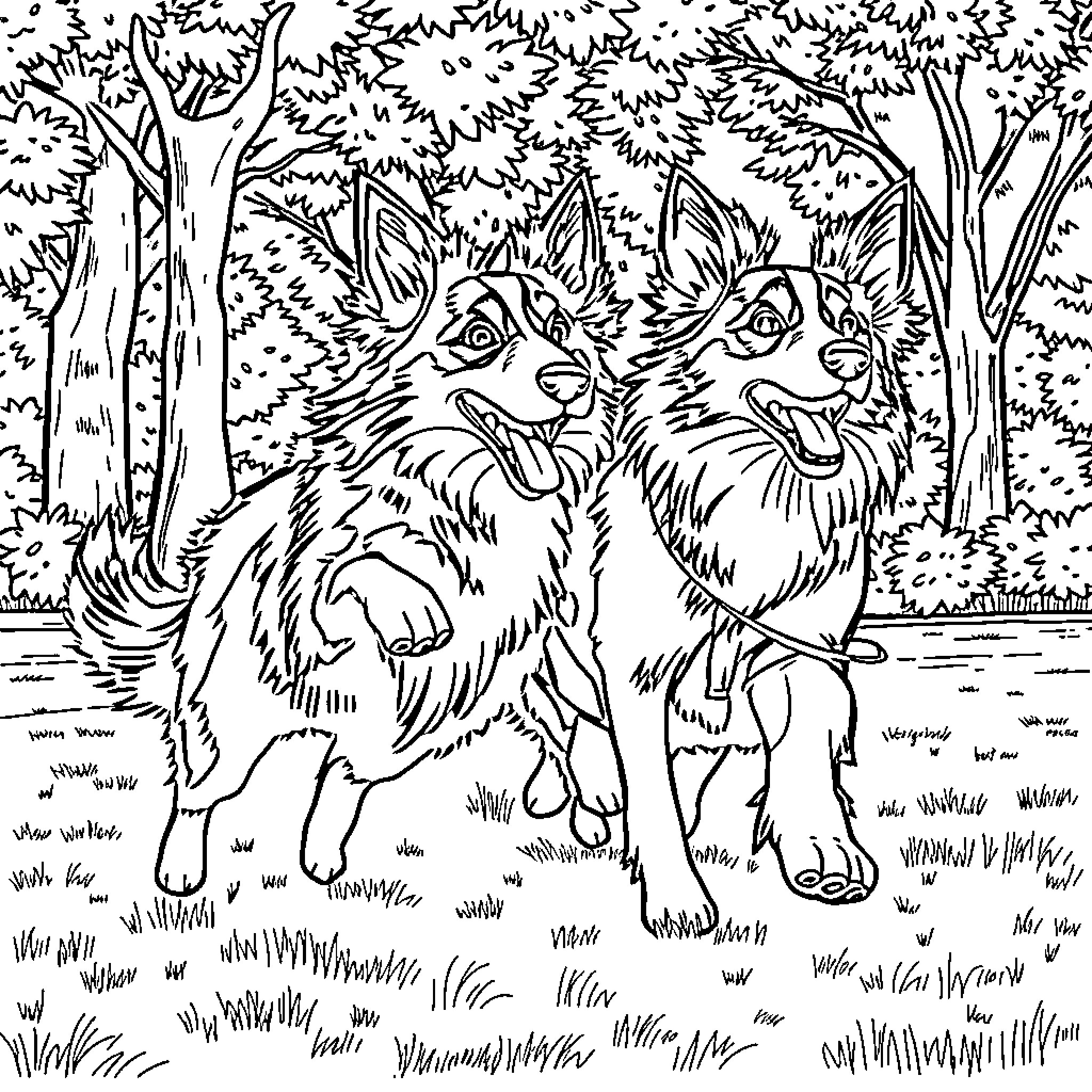 Sheltie dogs playing joyfully in the woods Coloring Page (free black-and-white line drawing printable PDF for all, from beginners to advanced learners, including children, teens, adults, and seniors)