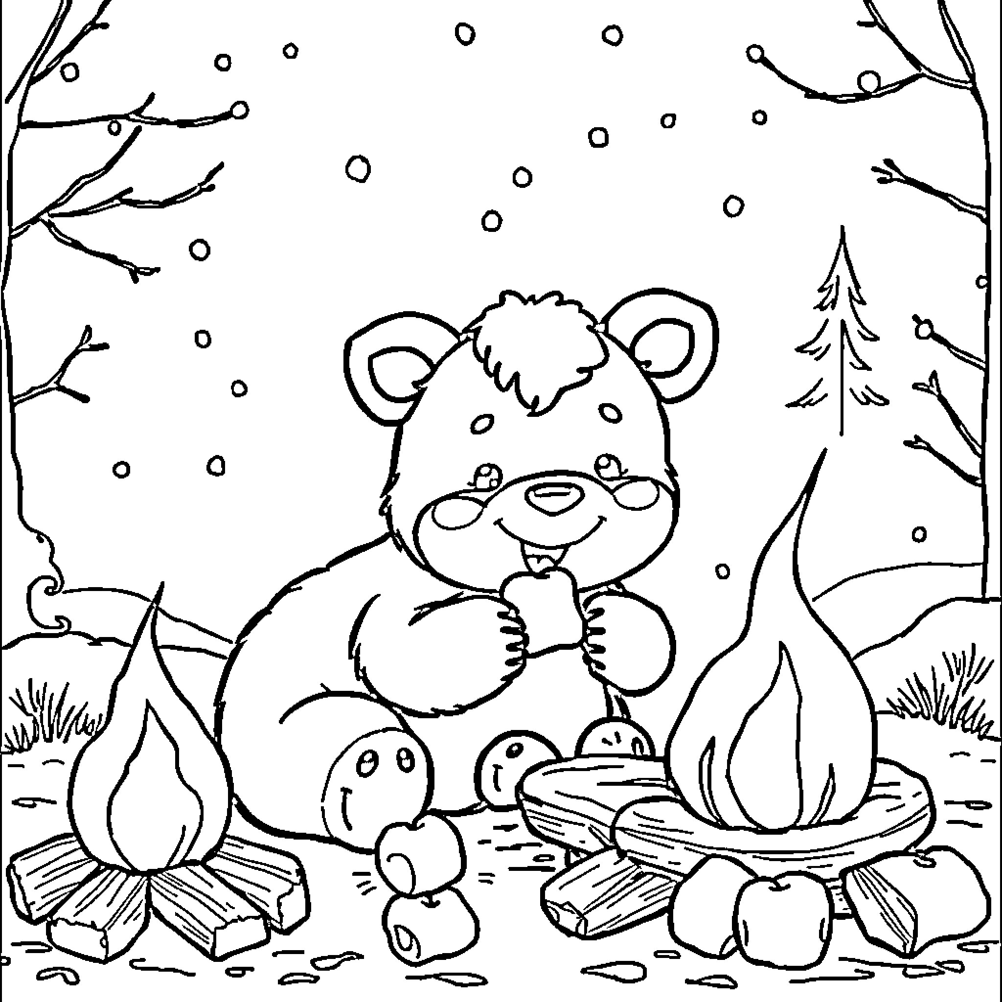 Rumi the Playful Bear Explores Winter Wonderland Coloring Page (free black-and-white line drawing printable PDF for all, from beginners to advanced learners, including children, teens, adults, and seniors)