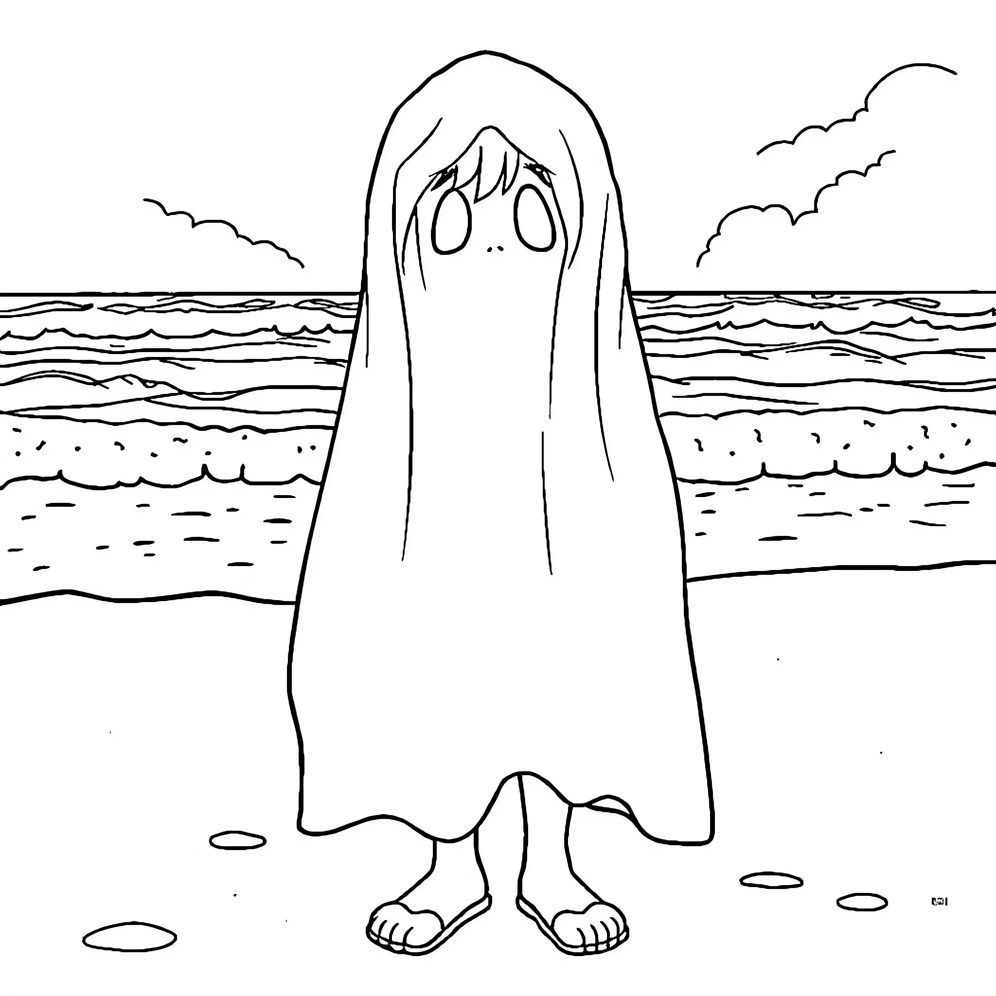 Boy in cloak looking surprised by the sea Coloring Page (free black-and-white line drawing printable PDF for all, from beginners to advanced learners, including children, teens, adults, and seniors)