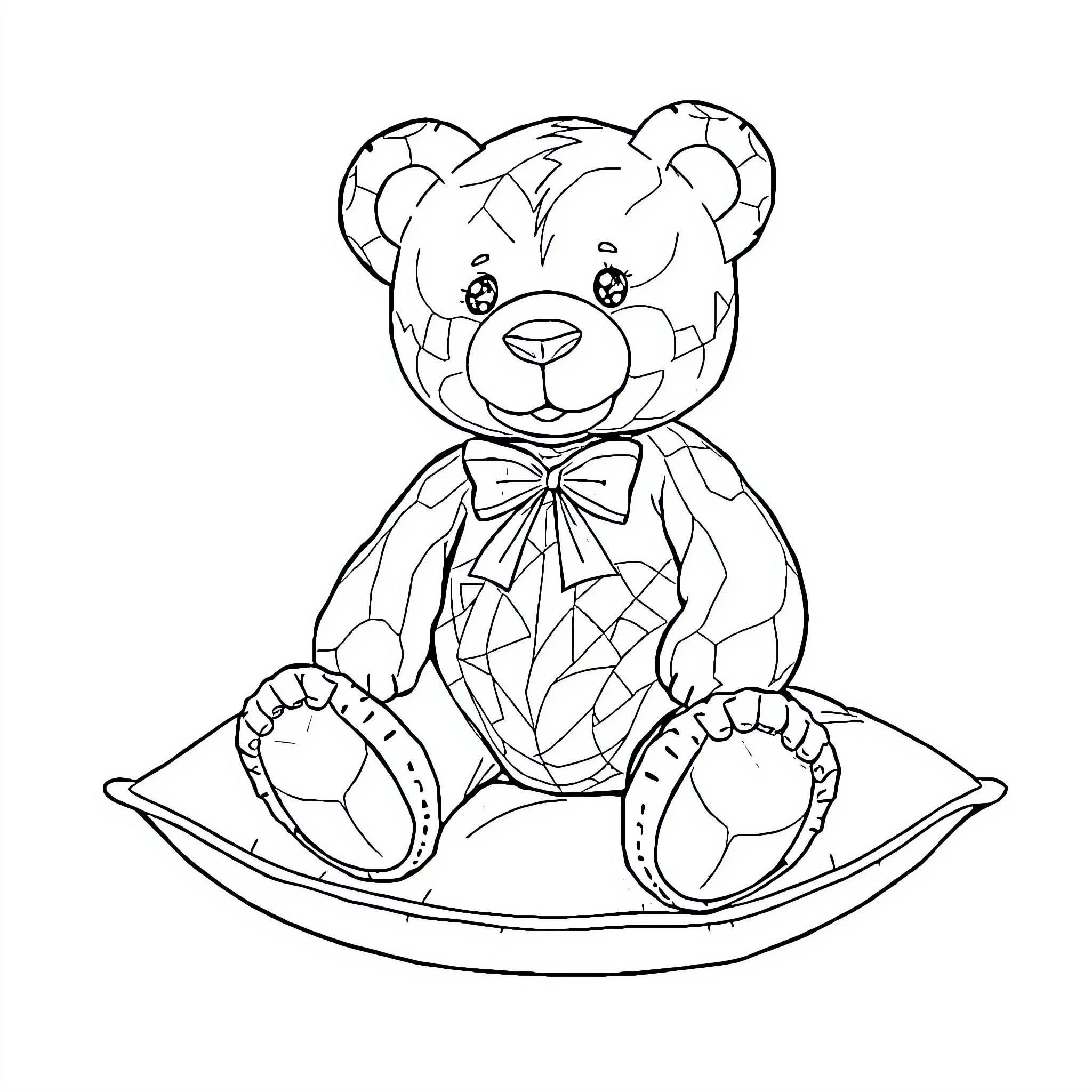 Teddy Bear with Bow Sitting on Pillow Coloring Page (free black-and-white line drawing printable PDF for all, from beginners to advanced learners, including children, teens, adults, and seniors)