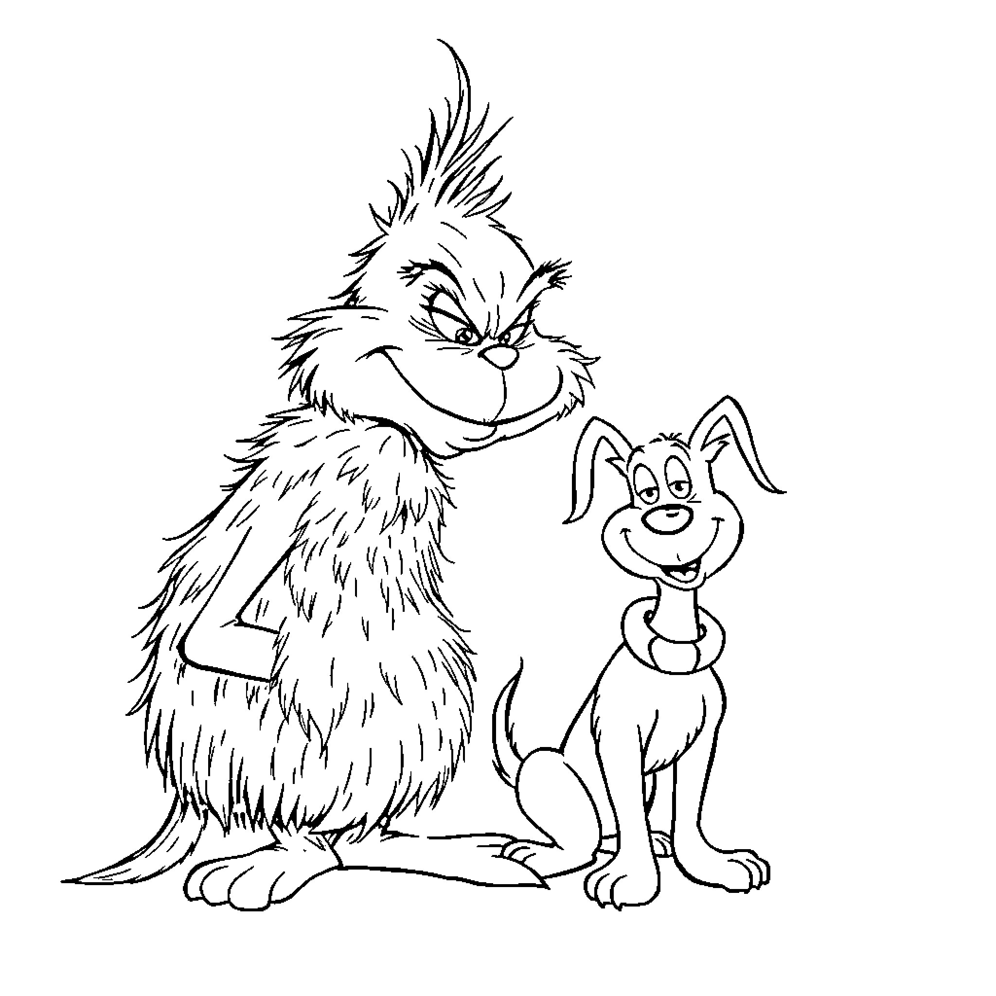 Grinch and his loyal canine companion Coloring Page (free black-and-white line drawing printable PDF for all, from beginners to advanced learners, including children, teens, adults, and seniors)
