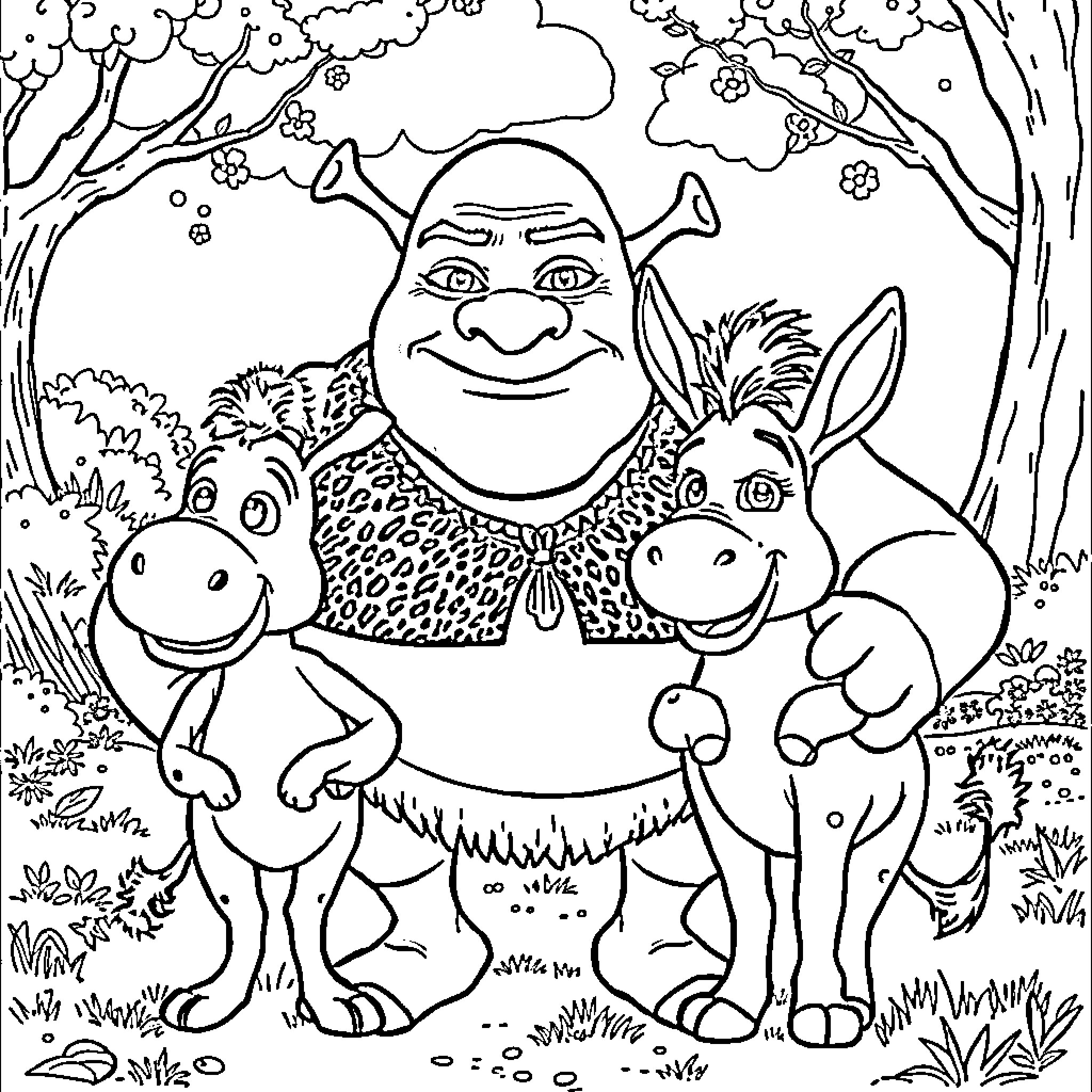 Shrek in a whimsical forest with animal friends Coloring Page (free black-and-white line drawing printable PDF for all, from beginners to advanced learners, including children, teens, adults, and seniors)