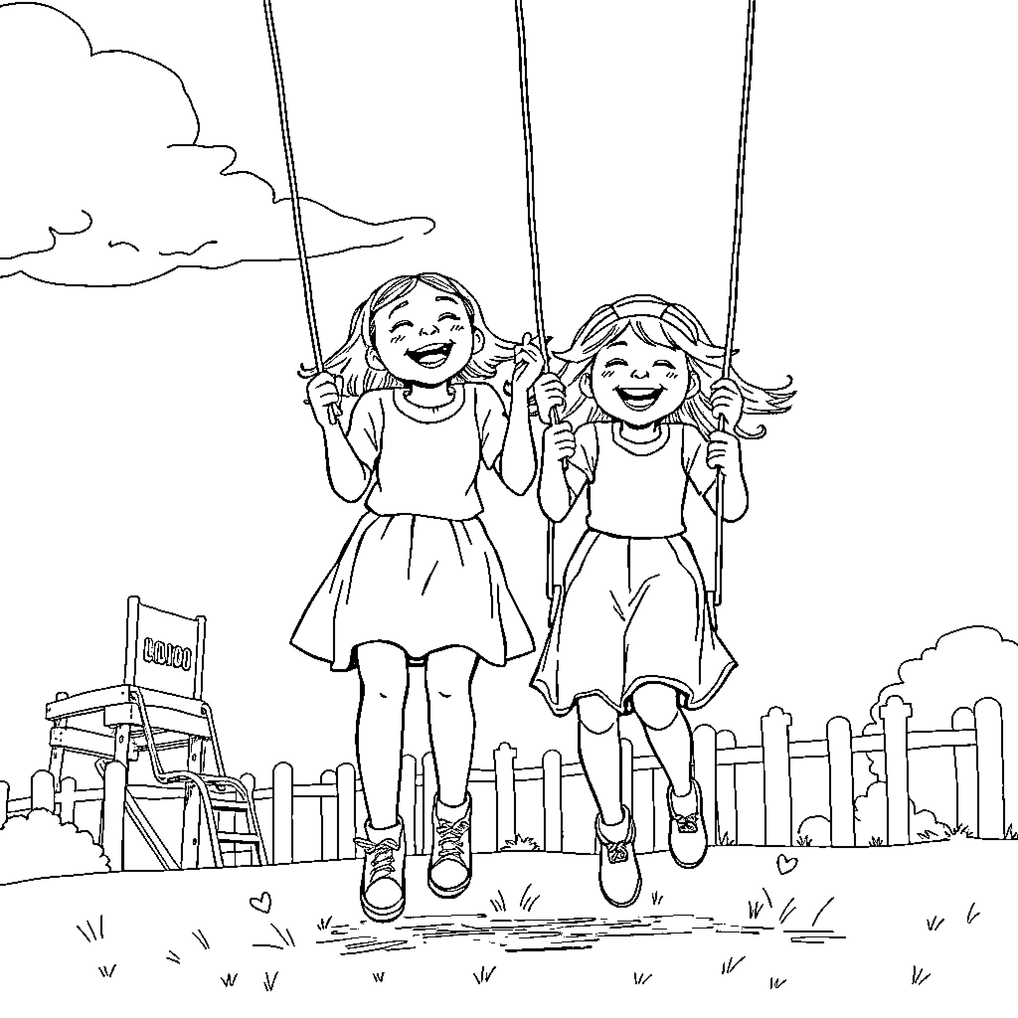 Girls playing happily on swings in the yard Coloring Page (free black-and-white line drawing printable PDF for all, from beginners to advanced learners, including children, teens, adults, and seniors)