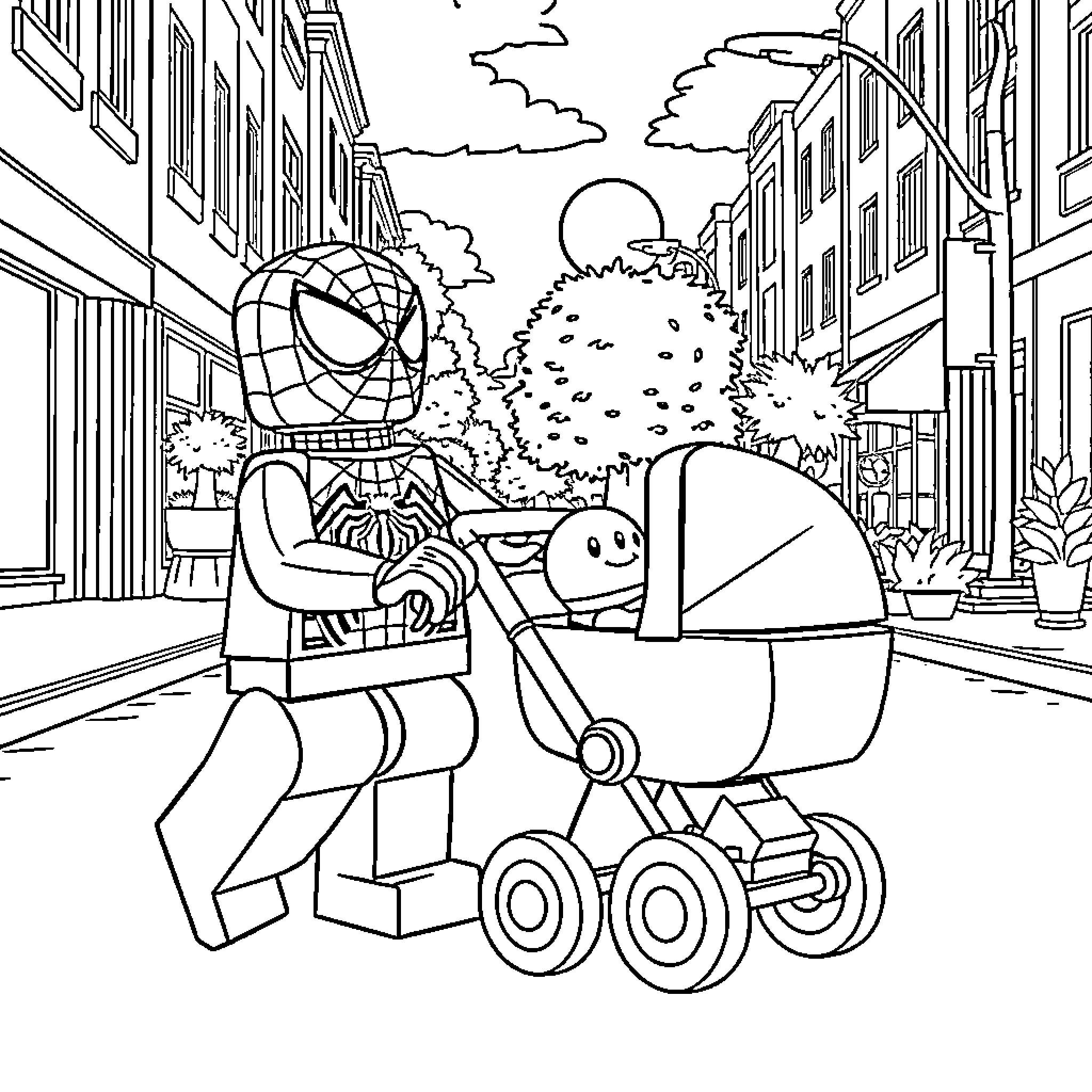 Spider-Man walks with baby in stroller on city street Coloring Page (free black-and-white line drawing printable PDF for all, from beginners to advanced learners, including children, teens, adults, and seniors)