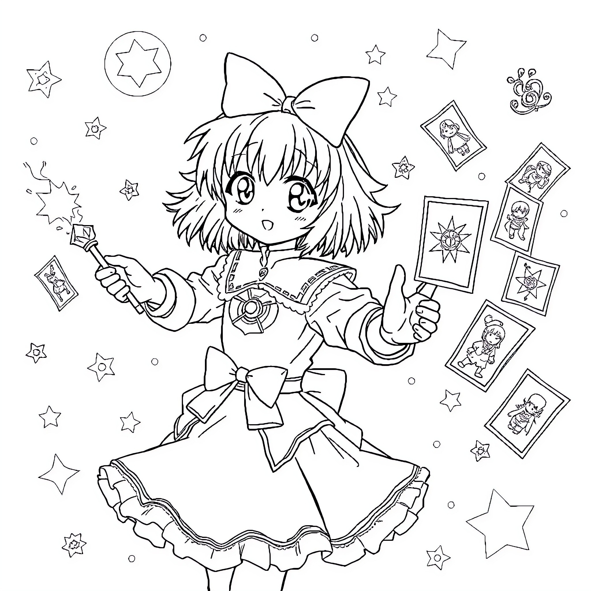 Cardcaptor Sakura Casting Magical Spells with Card Frames Coloring Page (free black-and-white line drawing printable PDF for all, from beginners to advanced learners, including children, teens, adults, and seniors)