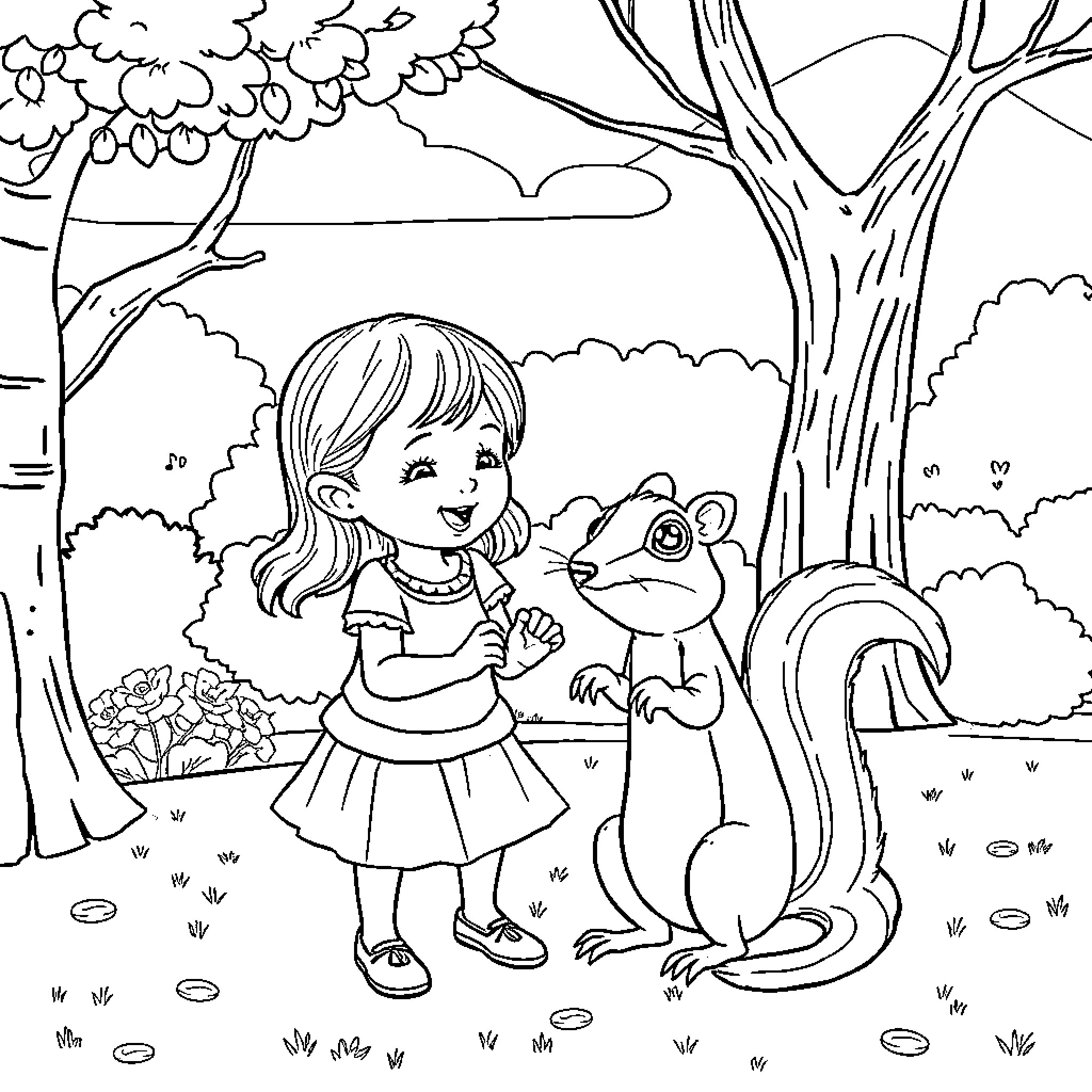Girl befriending a squirrel in the forest Coloring Page (free black-and-white line drawing printable PDF for all, from beginners to advanced learners, including children, teens, adults, and seniors)